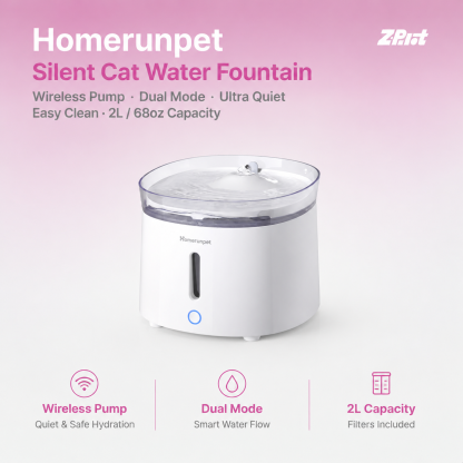 Homerun pet Silent Cat Water Fountain, HomeRunPet Pet Fountain with Wireless-Pump, Small-Dog Water Dispenser, Dual Mode, Quick Assembly & Easy-Clean, Filters Included, 68 oz/2L