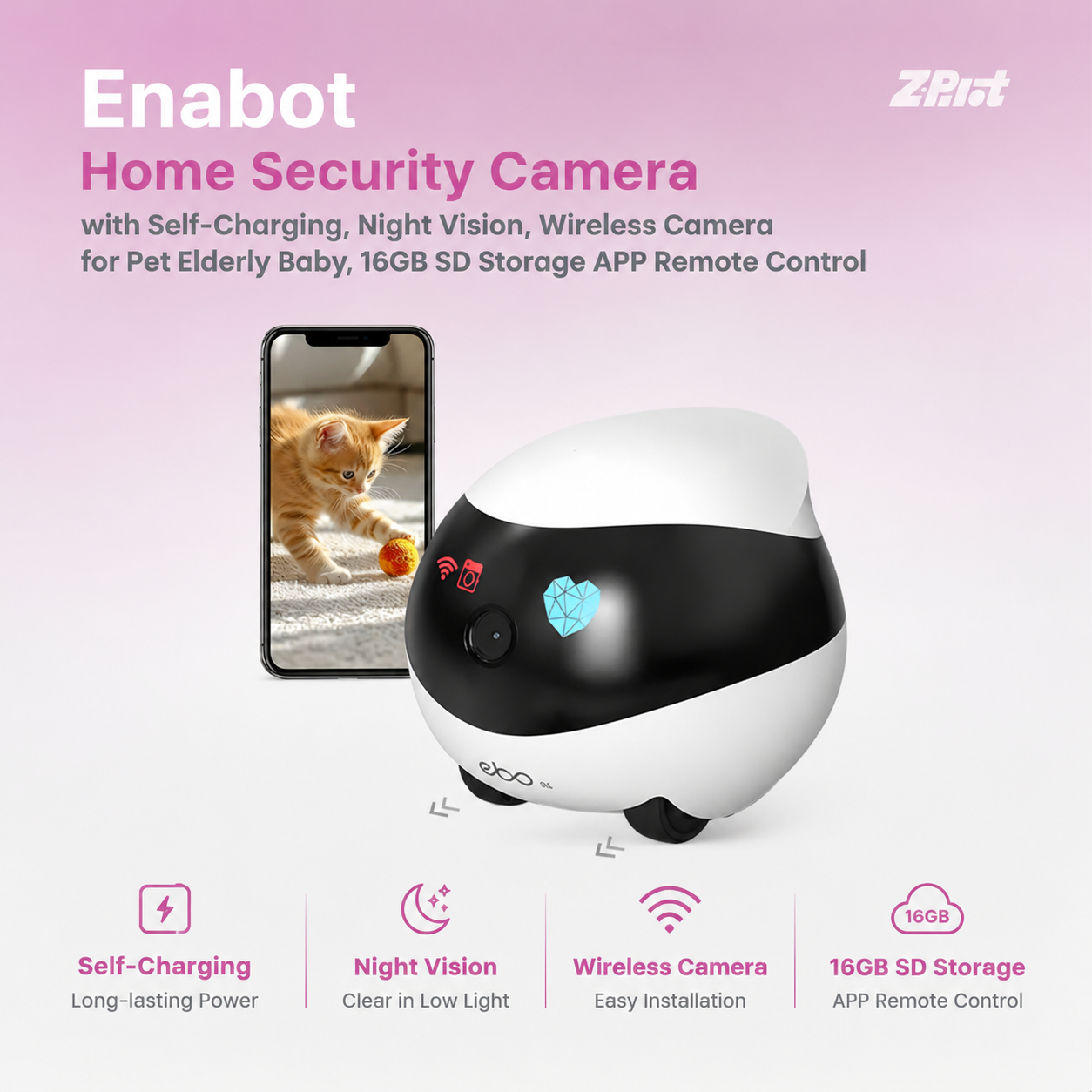 Enabot Home Security Camera with Self-Charging, Night Vision, Wireless Camera for Pet Elderly Baby, 16GB SD Storage APP Remote Control