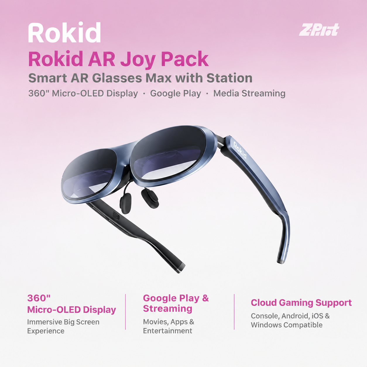 Rokid AR Joy Pack AR Glasses, Smart Glasses Max with Station, 360" Micro-OLED Display, Google Play, Media Streaming, HDCP Support & Cloud Gaming, Console, Android, iOS, Windows Compatible