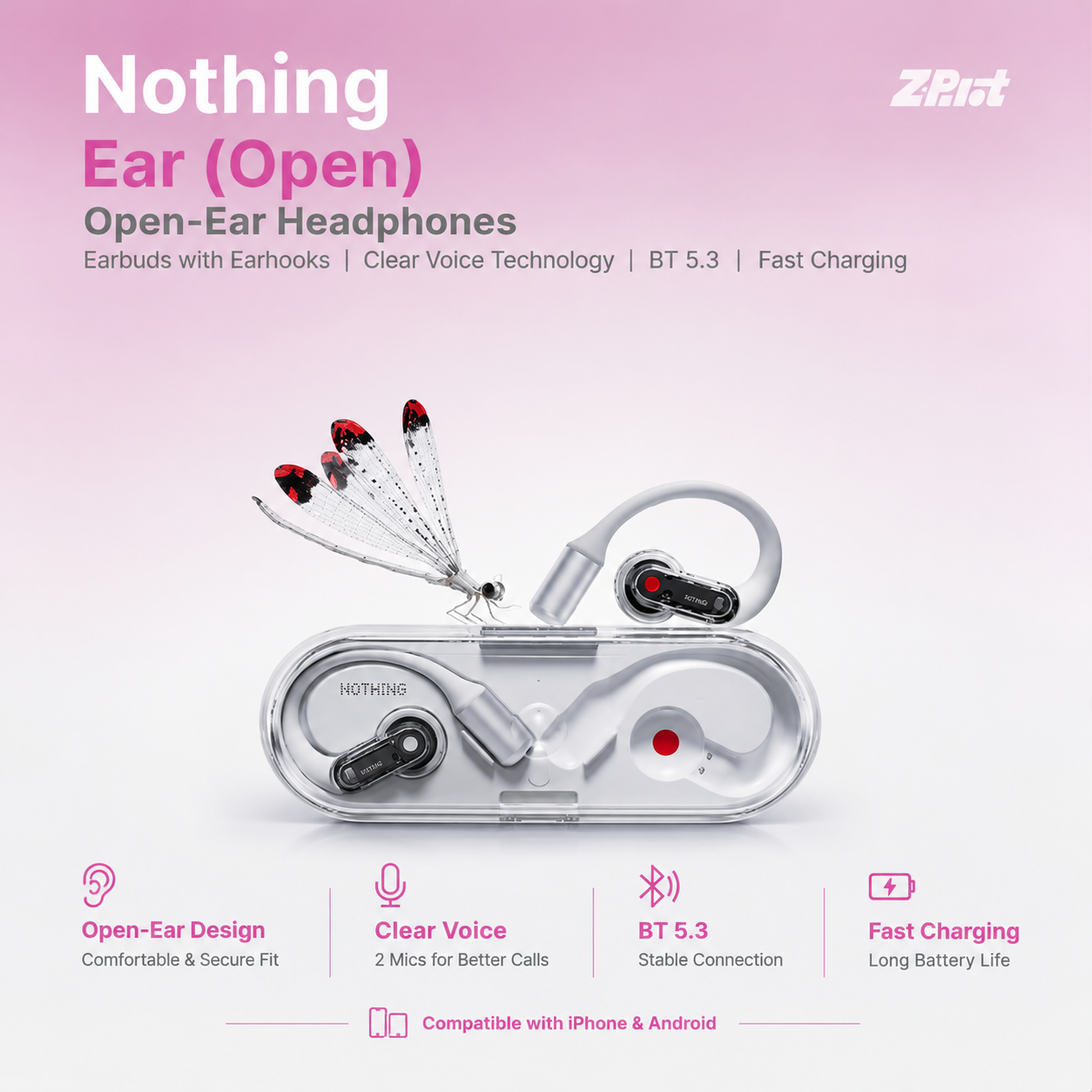Nothing Ear (Open) Open-Ear Headphones, Earbuds with Earhooks, Clear Voice Technology with 2 Mics, BT 5.3, Fast Charging, Compatible with iPhone & Android -White