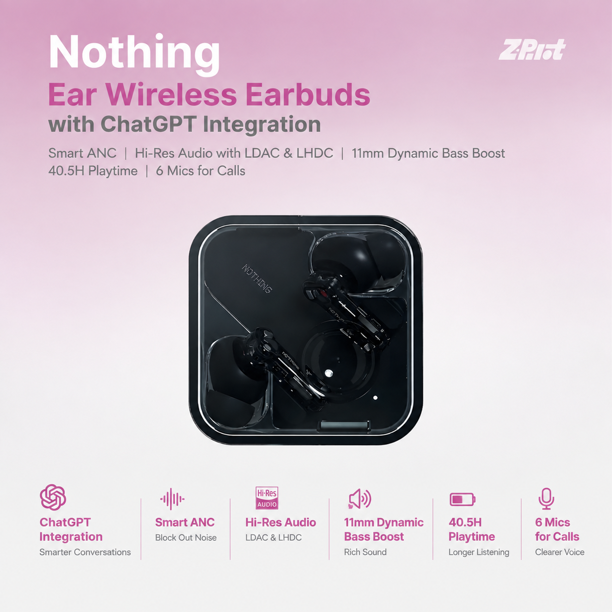 Nothing Ear Wireless Earbuds with ChatGPT Integration, Smart ANC, Hi-Res Audio with LDAC & LHDC, 11mm Dynamic Bass Boost, 40.5H Playtime, 6 Mics for Calls Wireless Headphones