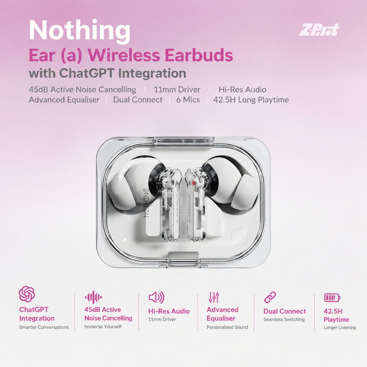 Nothing Ear (a) Wireless Earbuds with ChatGPT Integration, 45dB Active Noise Cancelling Earbuds, 11mm Driver, Hi-Res Audio, Advanced Equaliser, Dual Connect, 6 Mics, 42.5H Long Playtime Earbuds 