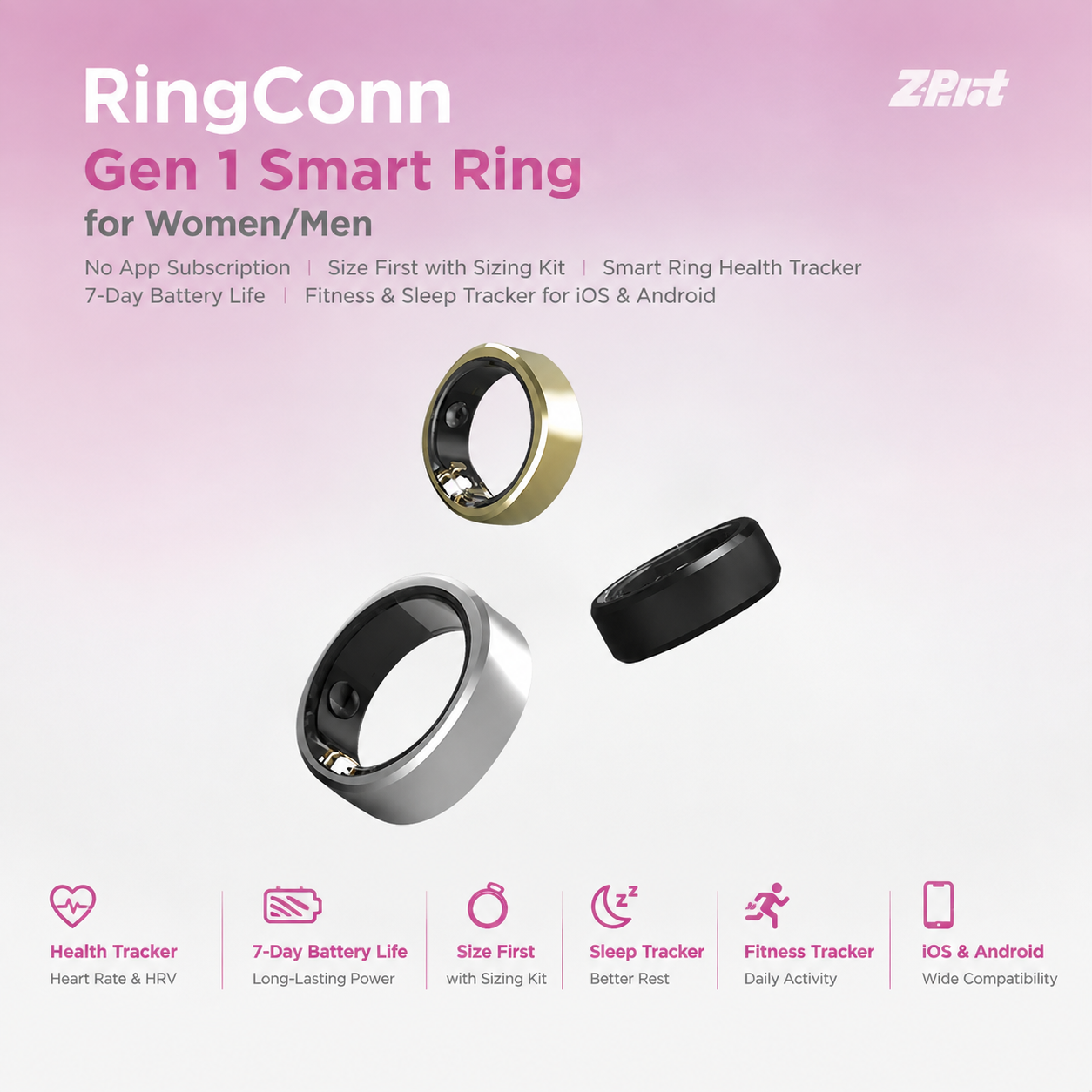 RingConn Gen 1, Smart Ring for Women/Men, No App Subscription, Size First with Sizing Kit, Smart Ring Health Tracker, 7-Day Battery Life, Fitness & Sleep Tracker for iOS & Android