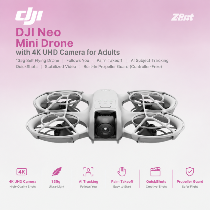 DJI Neo, Mini Drone with 4K UHD Camera for Adults, 135g Self Flying Drone that Follows You, Palm Takeoff, AI Subject Tracking, QuickShots, Stabilized Video, Built-In Propeller Guard (Controller-Free)