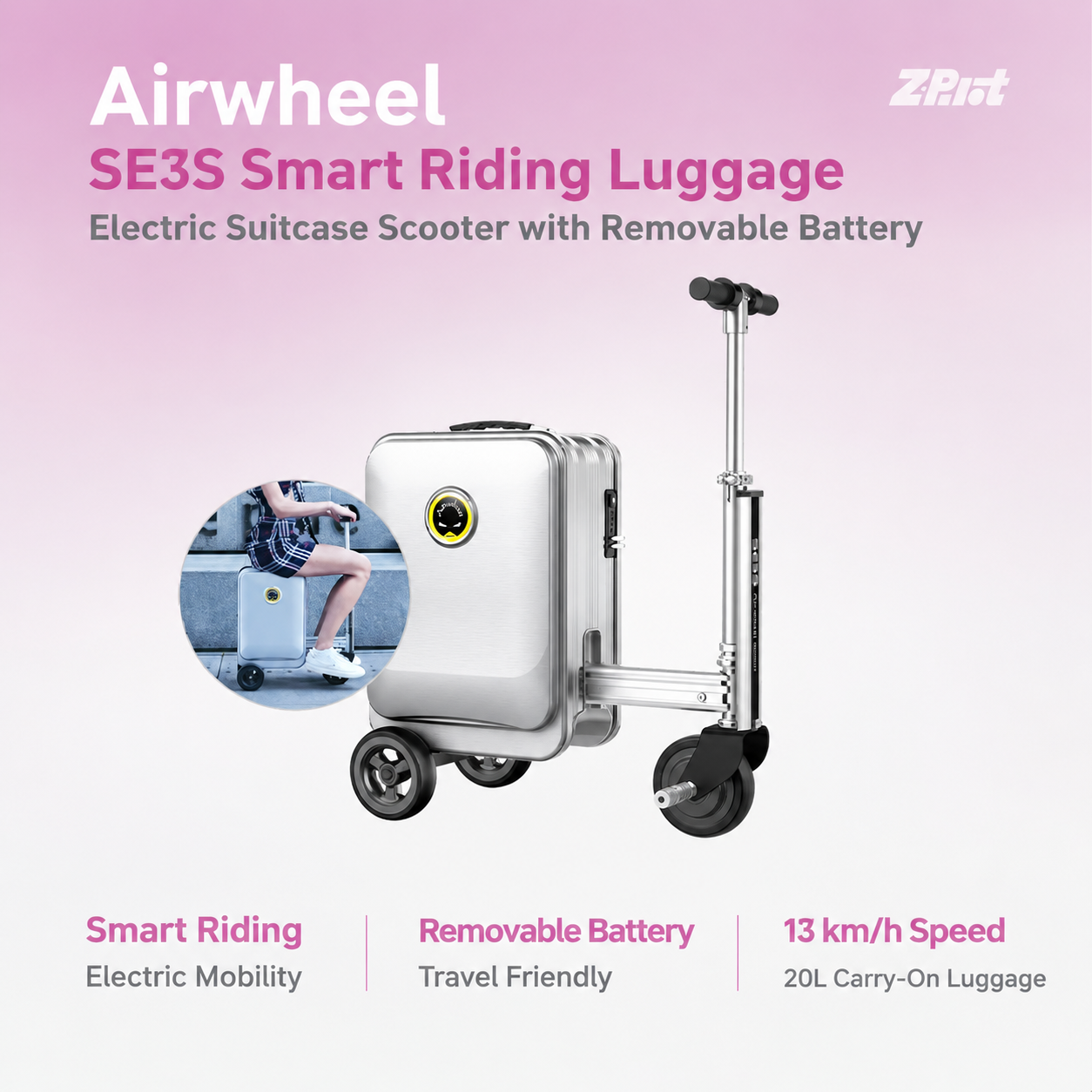 SE3S Smart Riding Luggage Electric Suitcase Scooter with Removable Battery