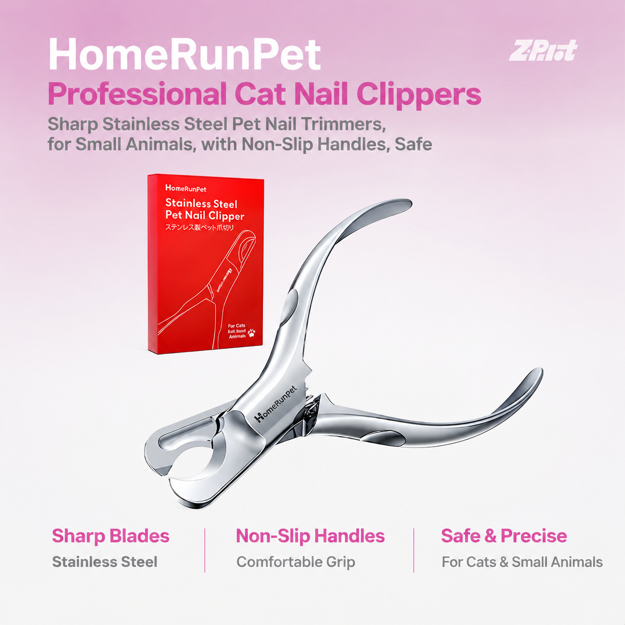 HomeRunPet Professional Cat Nail Clippers Sharp Stainless Steel Pet Nail Trimmers, for Small Animals, with Non-Slip Handles, Safe