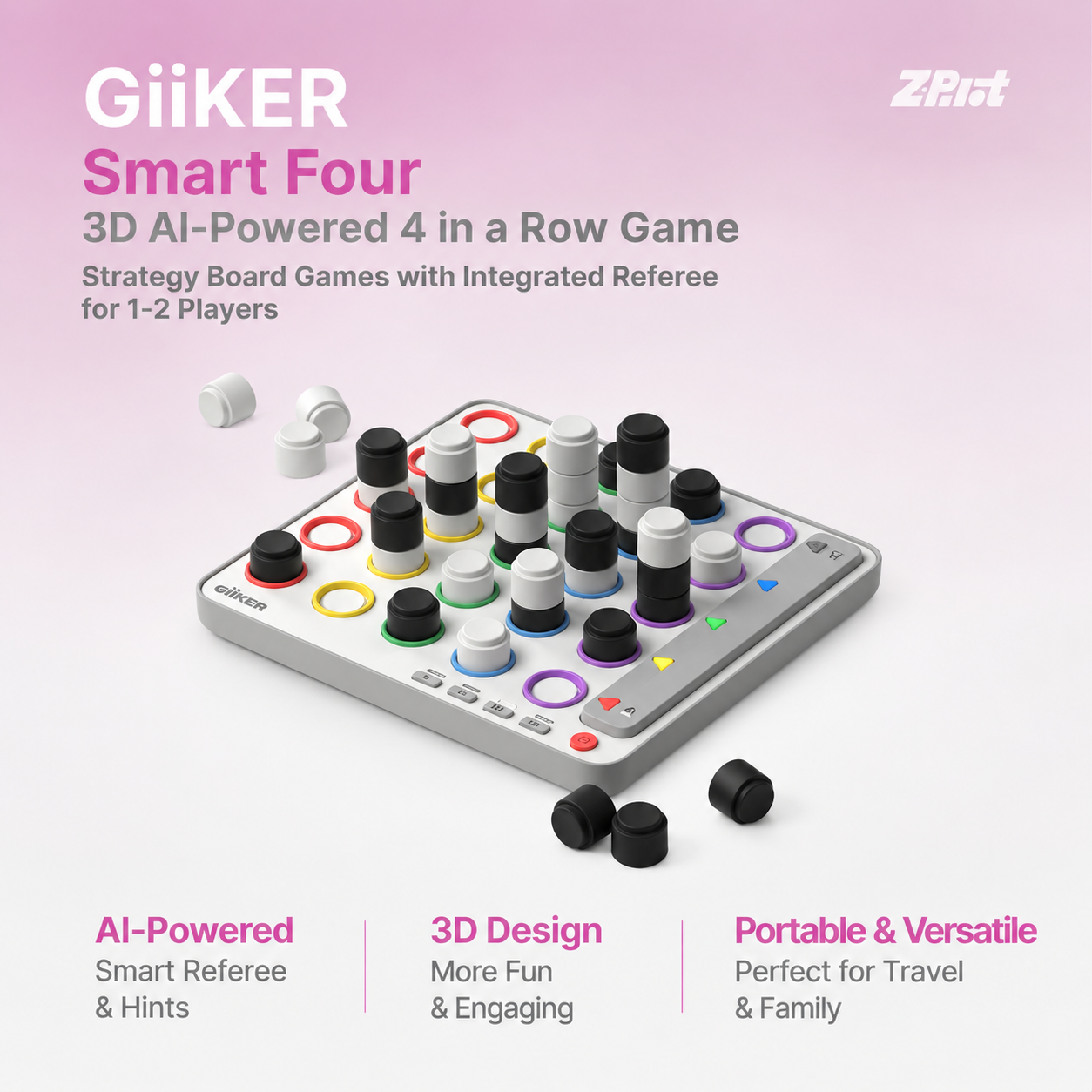 GiiKER Smart Four, 3D AI-Powered 4 in a Row Game, Strategy Board Games with Integrated Referee for 1-2 Players, Travel Games for Ages 6-12 and up