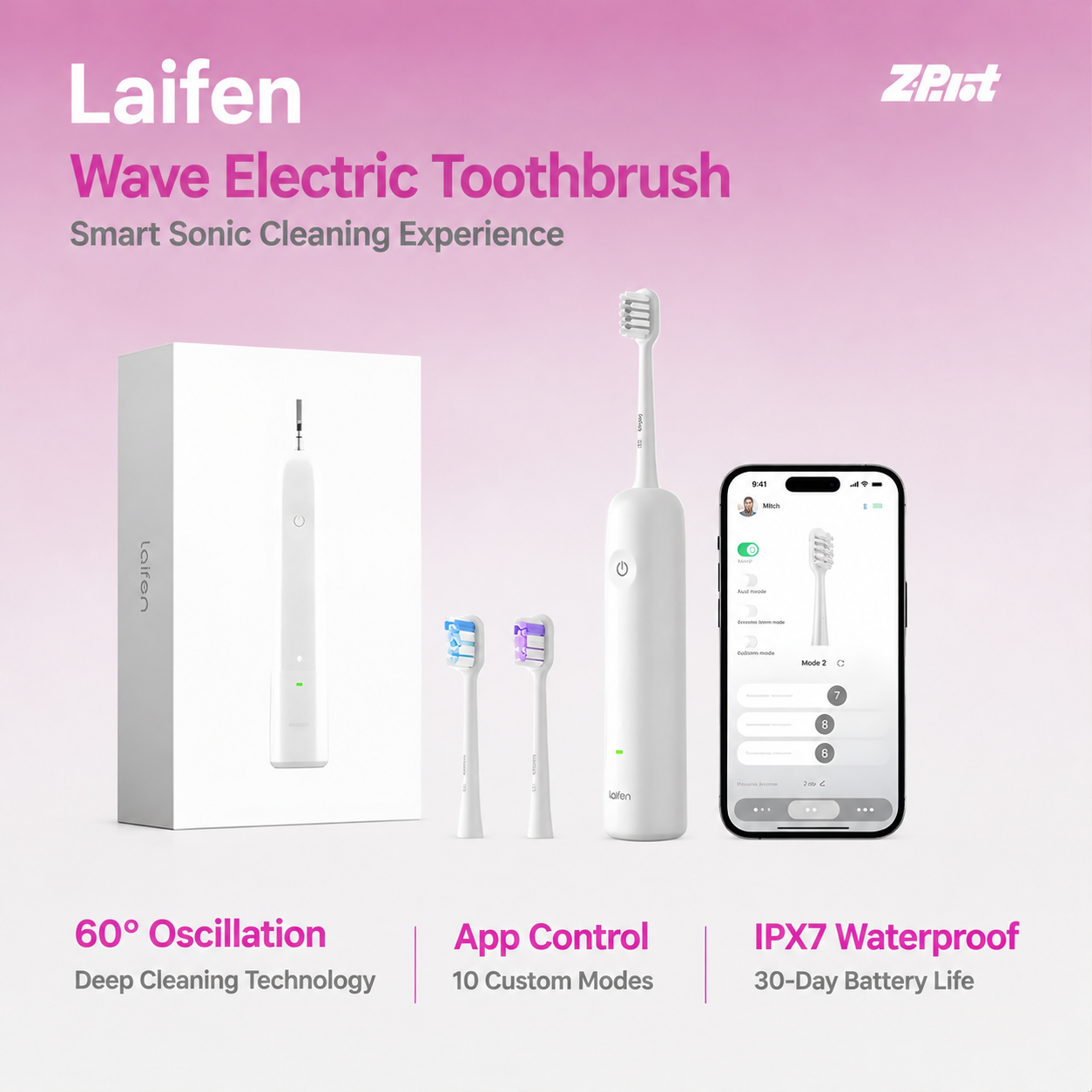 Laifen Wave Electric Toothbrush, Oscillation & Vibration Sonic Electric Toothbrush for Adults with App, 3 Brush Heads, IPX7 Waterproof Magnetic Rechargeable Travel Powered Toothbrush