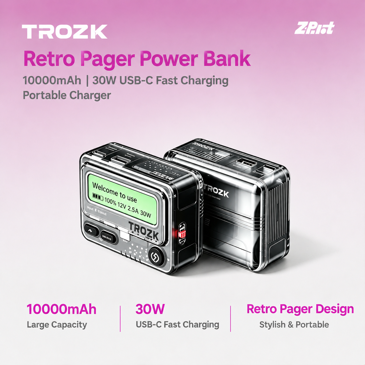 TROZK Retro Pager Power Bank 10000mAh | 30W USB-C Fast Charging Portable Charger