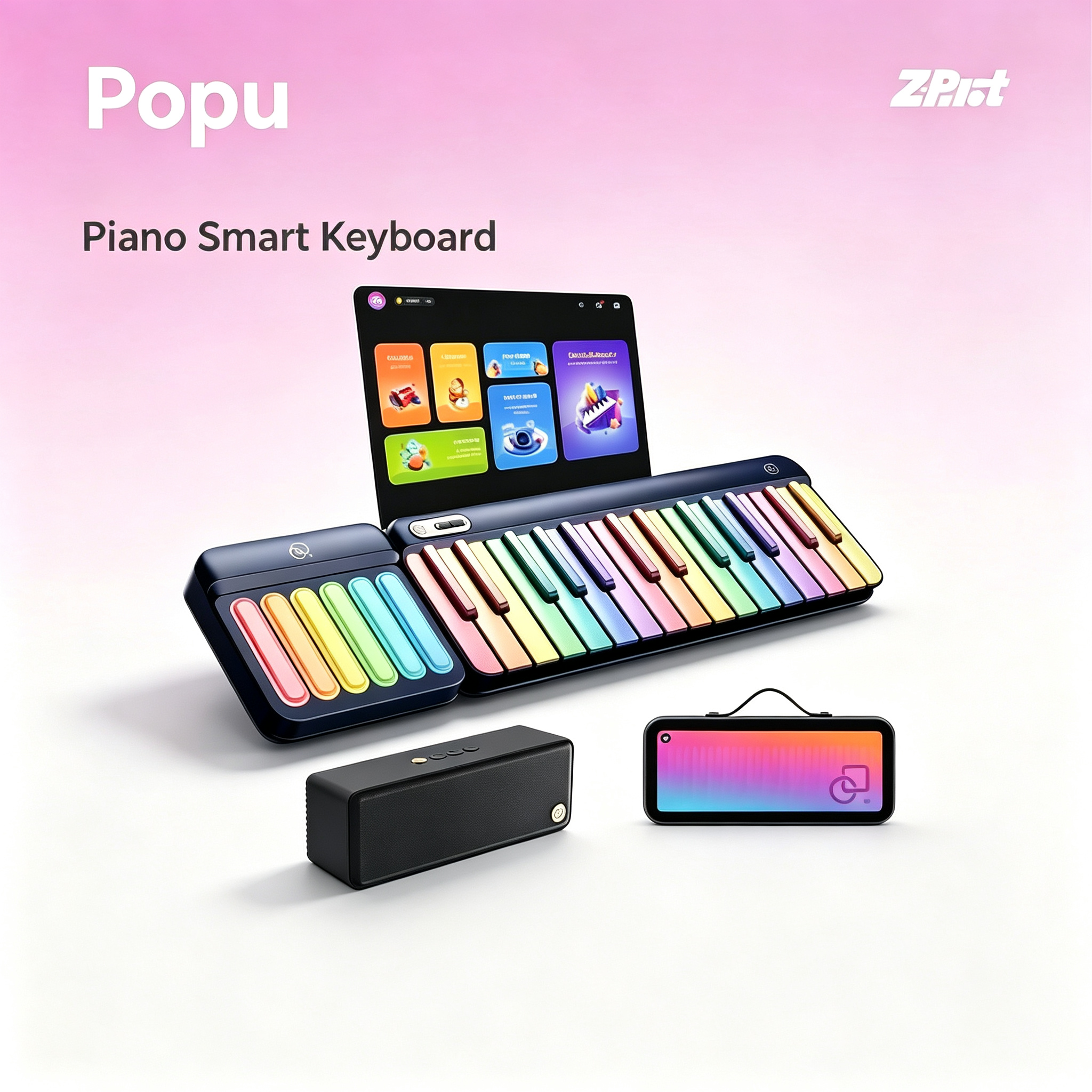 Portable Smart Piano Keyboard with Rainbow Light Keys, Interactive Lessons, MIDI, Expandable Keys, 100+ Chords, 256+ Tones