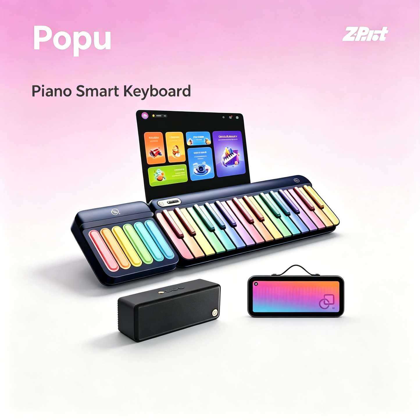 Portable Smart Piano Keyboard with Rainbow Light Keys, Interactive Lessons, MIDI, Expandable Keys, 100+ Chords, 256+ Tones