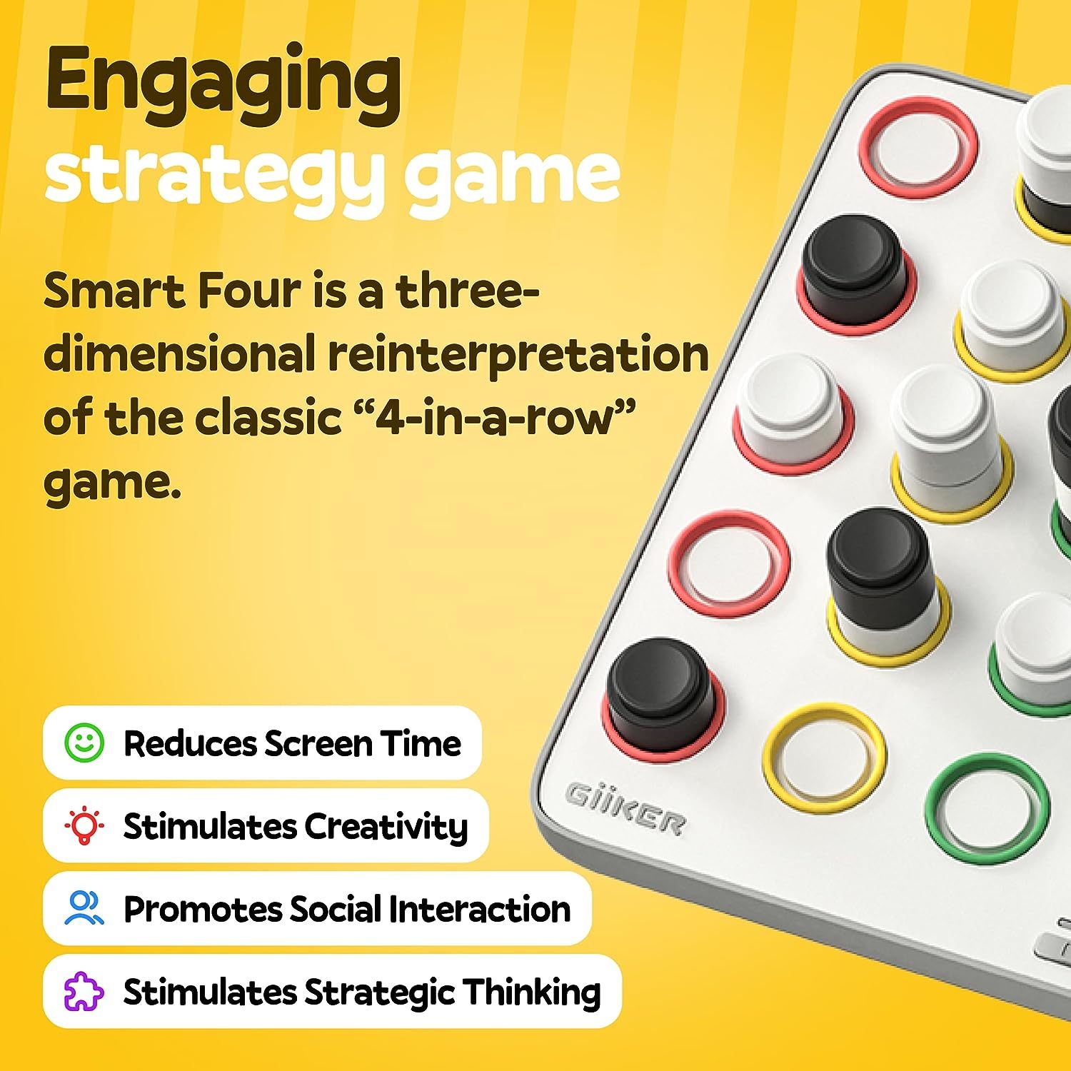 GiiKER Smart Four, 3D AI-Powered 4 in a Row Game, Strategy Board Games with Integrated Referee for 1-2 Players, Travel Games for Ages 6-12 and up