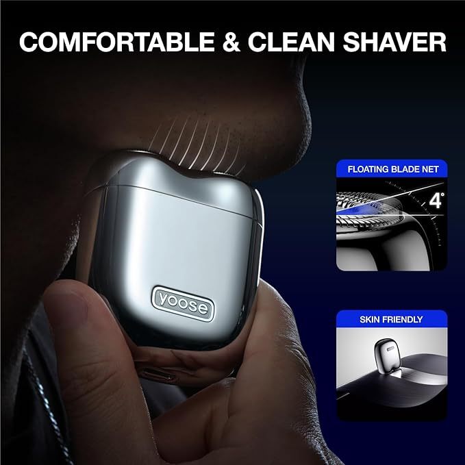 YOOSE Mini Shaver, Portable Alloy Electric Shavers for Men, IPX7 Waterproof, Wet & Dry Shave, Cordless Travel Shaver, USB-C Rechargeable Electric Razor, Battery Indicator, Travel Lock