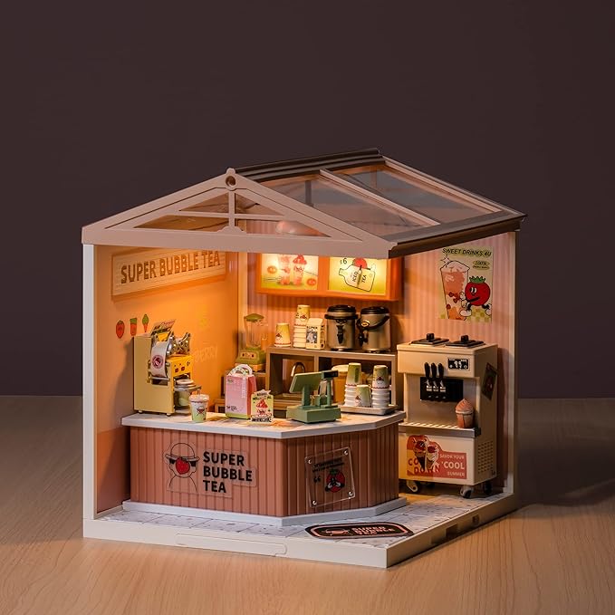 Rolife LED Building Blocks for Adults,1:24 Toy Building Sets,Model Building Kits for Kids Ages 8-12-15,DIY Miniature Dollhouse Kits for Adults,Hobbies for Women Men (4.Double Joy Bubble Tea)