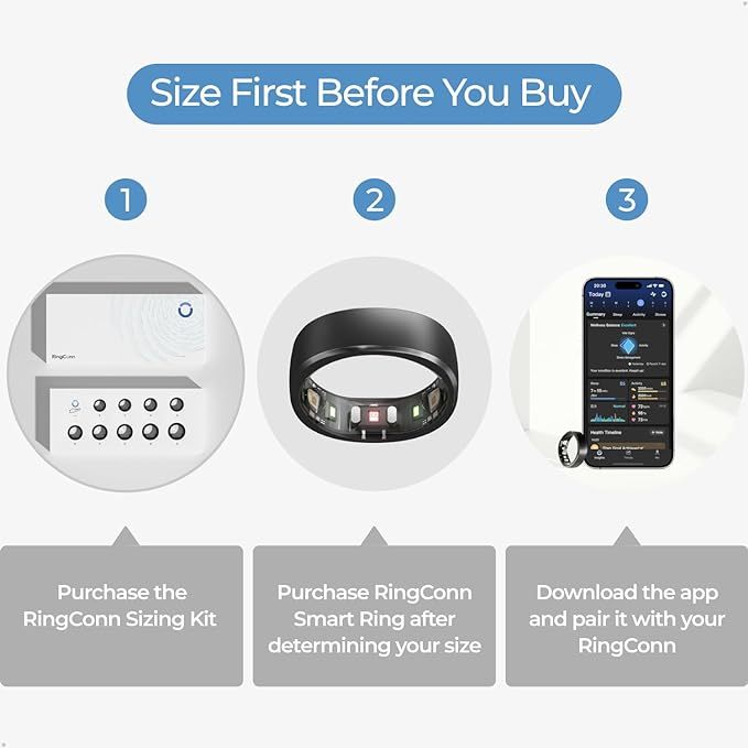 Smart Ring with No App Subscription, Size First with Sizing Kit, 7-Day Battery Life Activity & Sleep Tracker/Stress/Heart Rate Monitor Compatible with iOS & Android