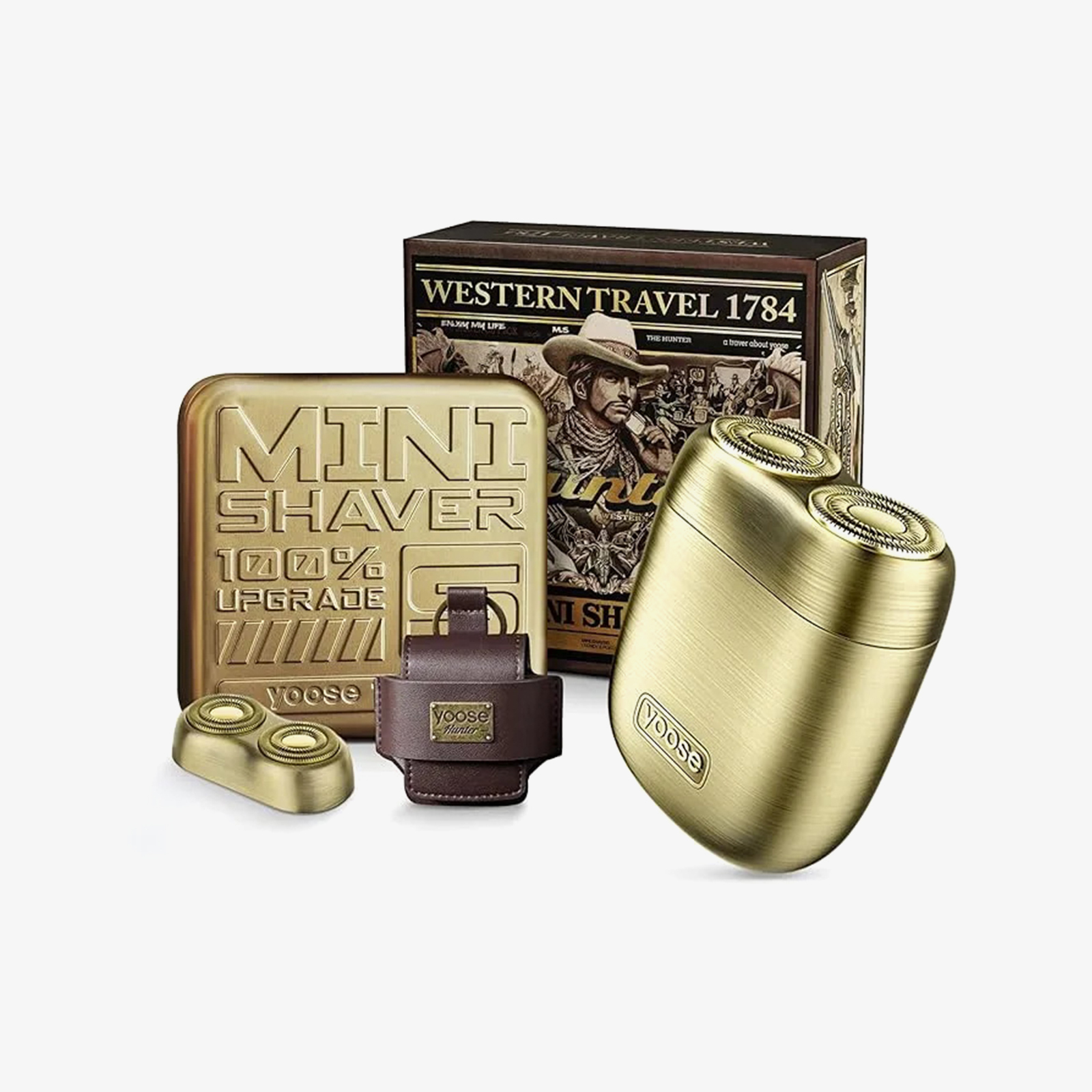 Bounty Hunter Alloy Mini Shaver, Portable Cordless Travel Electric Shaver, Leather Case and Replacement Head Included, USB-C Rechargeable Electric Razor for Men, Waterproof, Dry Shave, Gold