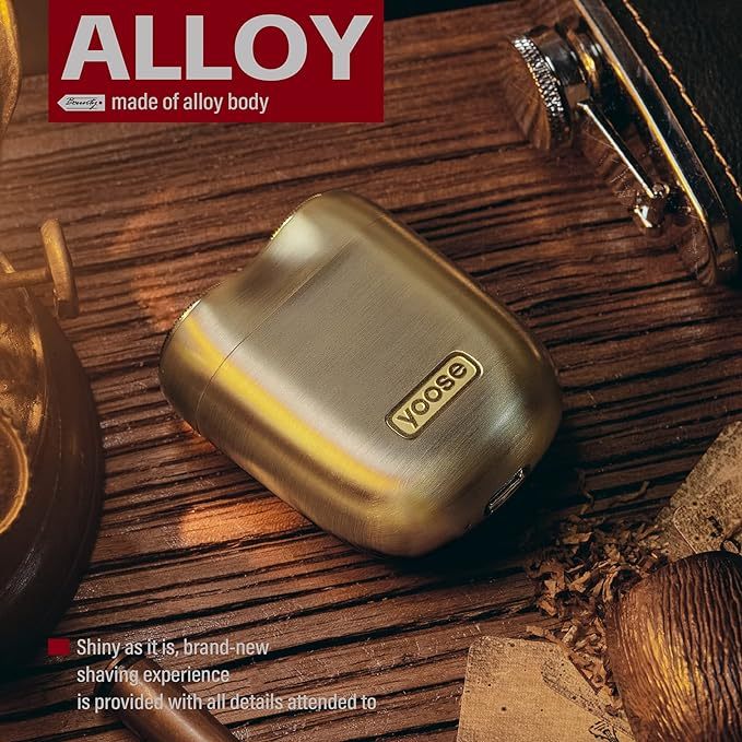 Bounty Hunter Alloy Mini Shaver, Portable Cordless Travel Electric Shaver, Leather Case and Replacement Head Included, USB-C Rechargeable Electric Razor for Men, Waterproof, Dry Shave, Gold