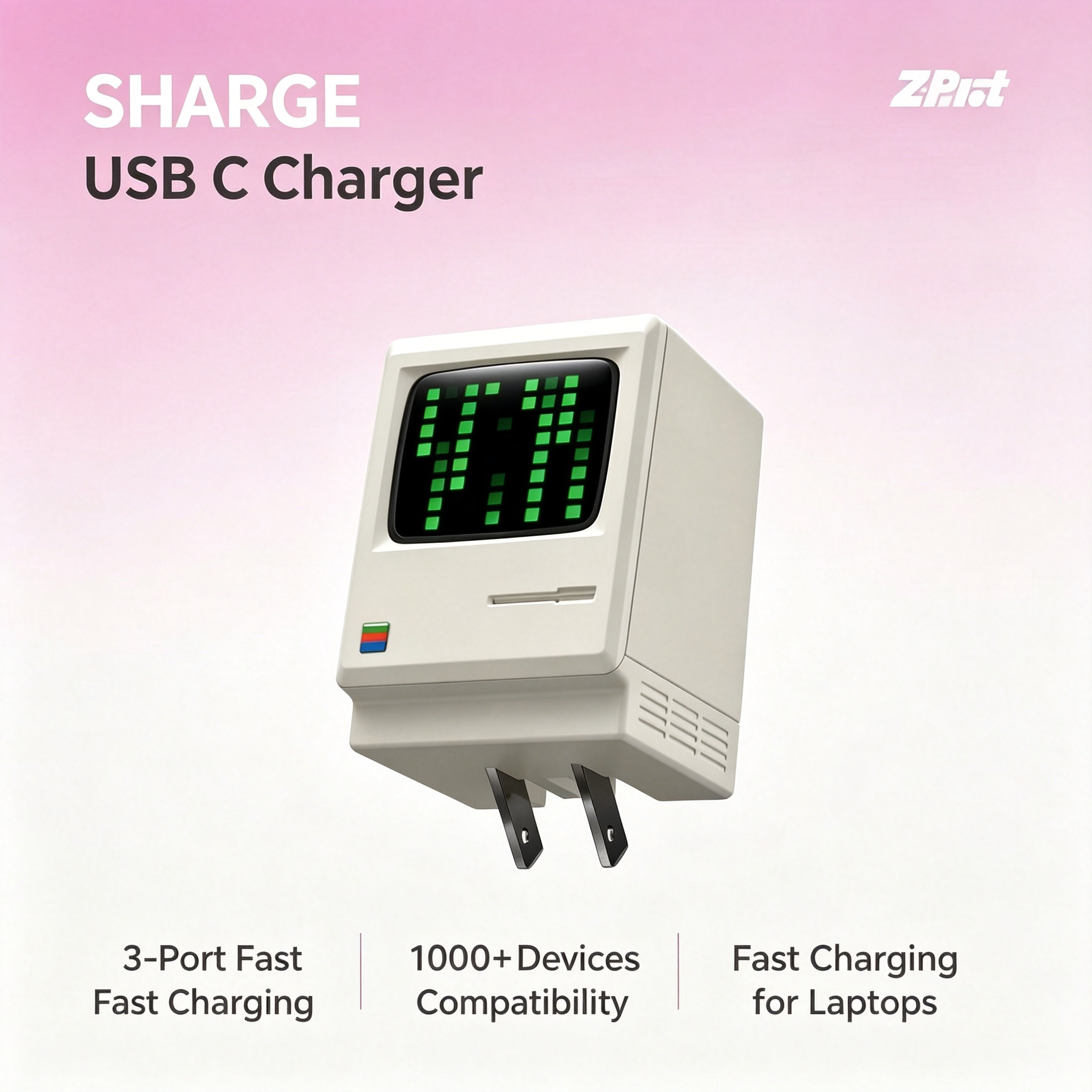 SHARGE USB C Charger, Retro 67 Power Display 3-Port Fast GaN Charger with Digital Rain