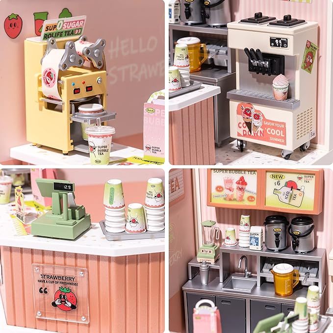 Rolife LED Building Blocks for Adults,1:24 Toy Building Sets,Model Building Kits for Kids Ages 8-12-15,DIY Miniature Dollhouse Kits for Adults,Hobbies for Women Men (4.Double Joy Bubble Tea)