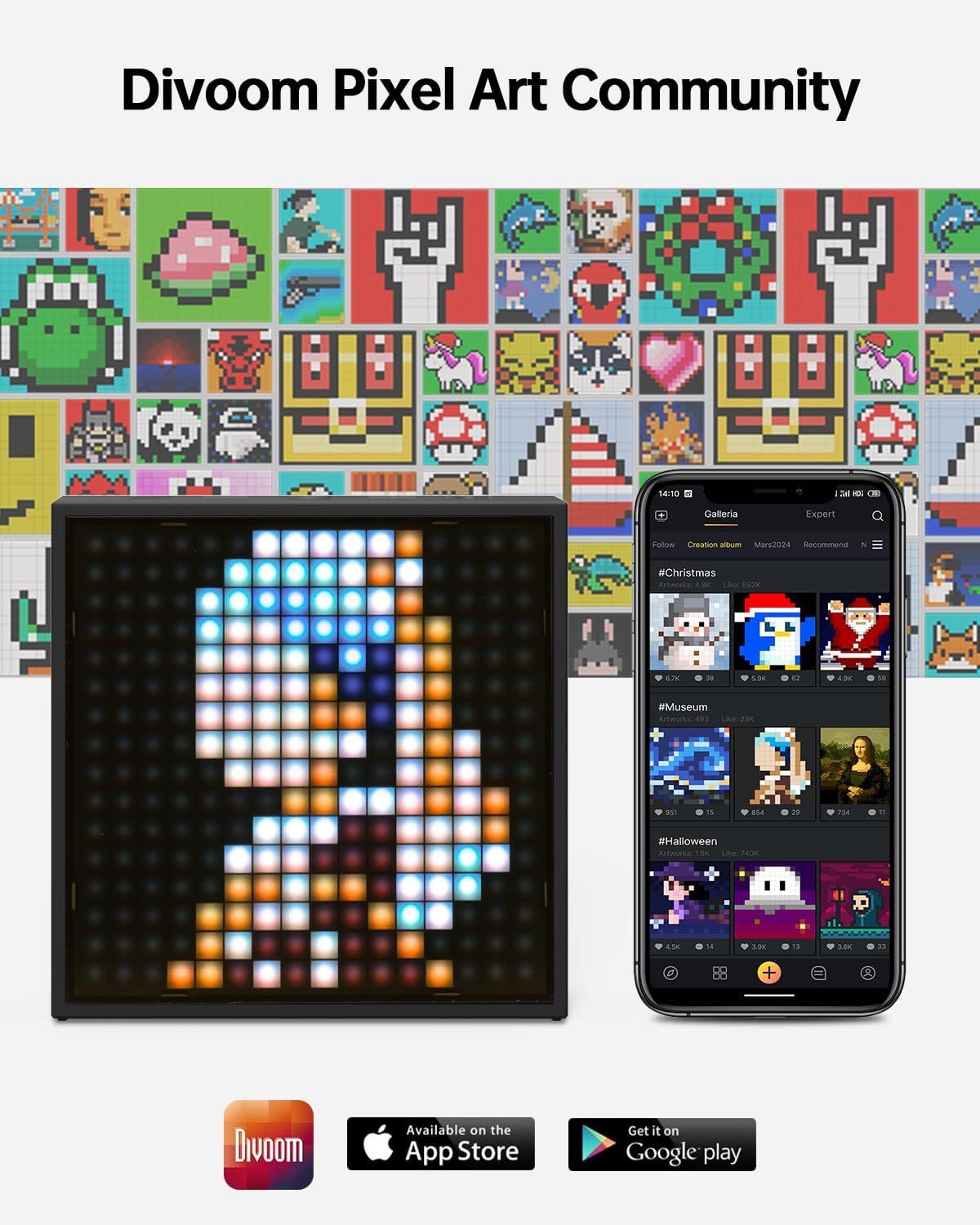 Divoom TimeBox Evo -- Pixel Art Bluetooth Speaker with 16x16 LED Display APP Control - Cool Animation Frame & Gaming Room Setup & Bedside Alarm Clock- Black