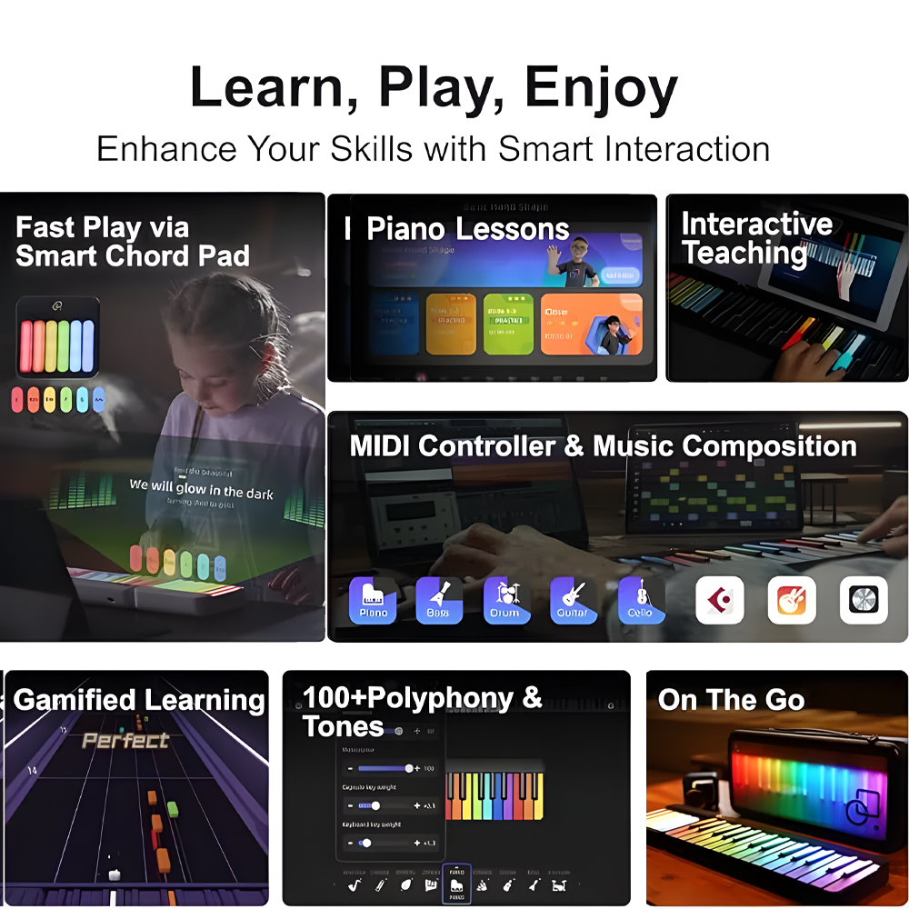Smart Piano Keyboard with Speakers, Expandable Full keys Interactive Music Sheet Rainbow Light Keys, Lessons, 256 Tones Chords, MIDI Controller, Weighted Keys Sustain Pedal Jack/Audio Input