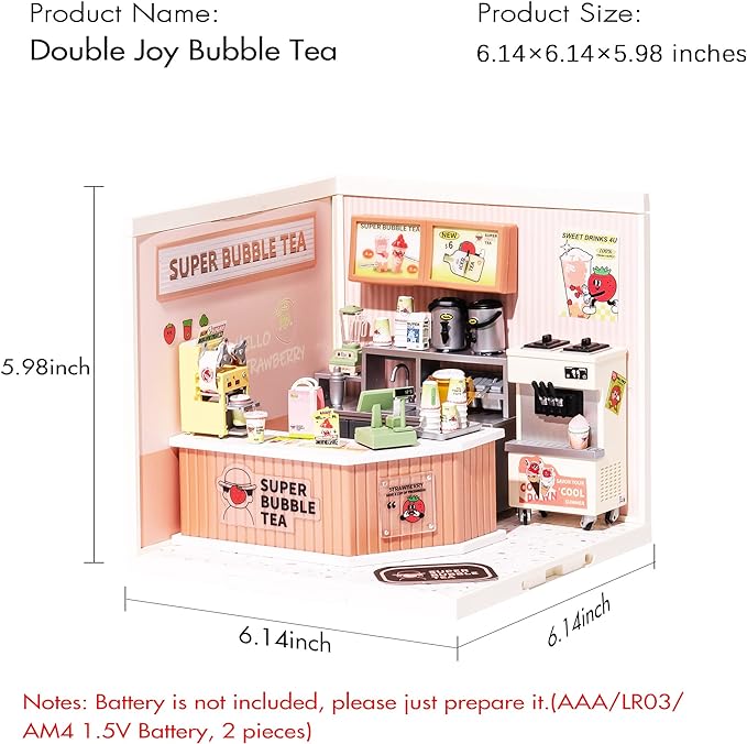 Rolife LED Building Blocks for Adults,1:24 Toy Building Sets,Model Building Kits for Kids Ages 8-12-15,DIY Miniature Dollhouse Kits for Adults,Hobbies for Women Men (4.Double Joy Bubble Tea)