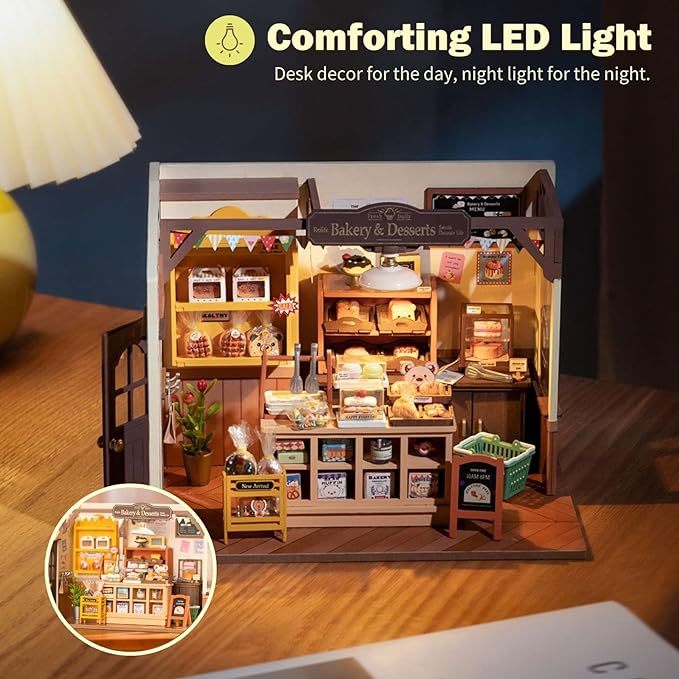 Rolife DIY Miniature Doll House Kit, Build Becka's Bakery Diorama House Building Set with LED Room Hobby Craft for Aduls Uniue Gifts for Teens