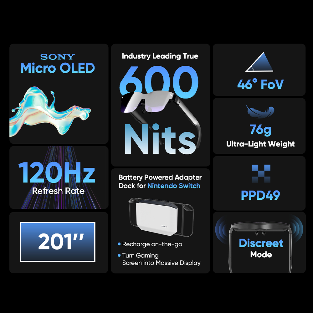 RayNeo Air 2 AR Glasses - Smart Glasses with 201" Micro OLED, Ultra-fast 120Hz, 600nits Brightness, 1080P XR Glasses, Compatible with iPhone 15 Android/iOS/Consoles/PC/Steam Deck/ROG/Mac
