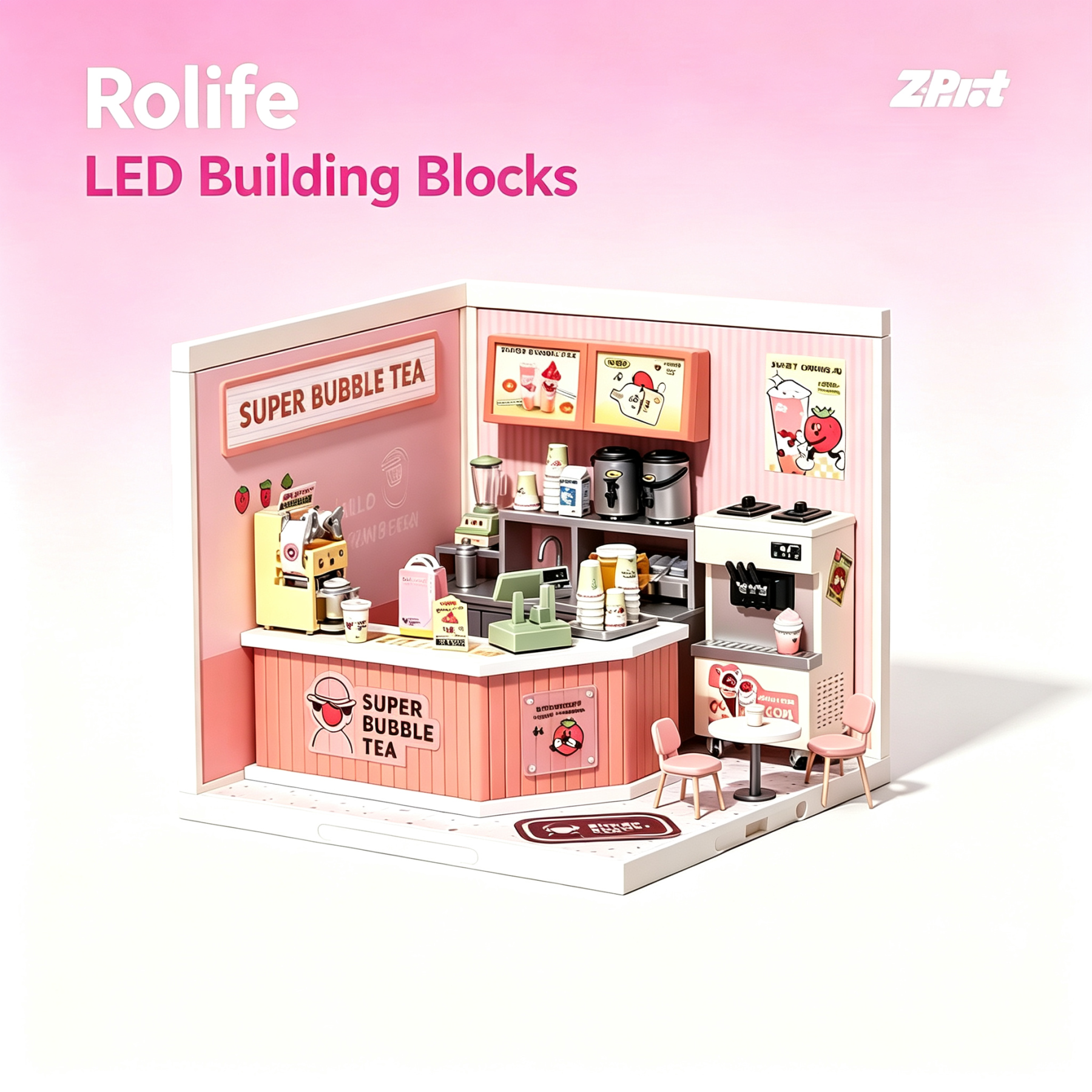 Rolife LED Building Blocks for Adults,1:24 Toy Building Sets,Model Building Kits for Kids Ages 8-12-15,DIY Miniature Dollhouse Kits for Adults,Hobbies for Women Men (4.Double Joy Bubble Tea)