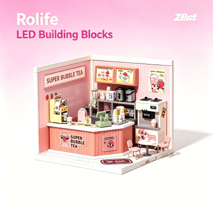 Rolife LED Building Blocks for Adults,1:24 Toy Building Sets,Model Building Kits for Kids Ages 8-12-15,DIY Miniature Dollhouse Kits for Adults,Hobbies for Women Men (4.Double Joy Bubble Tea)