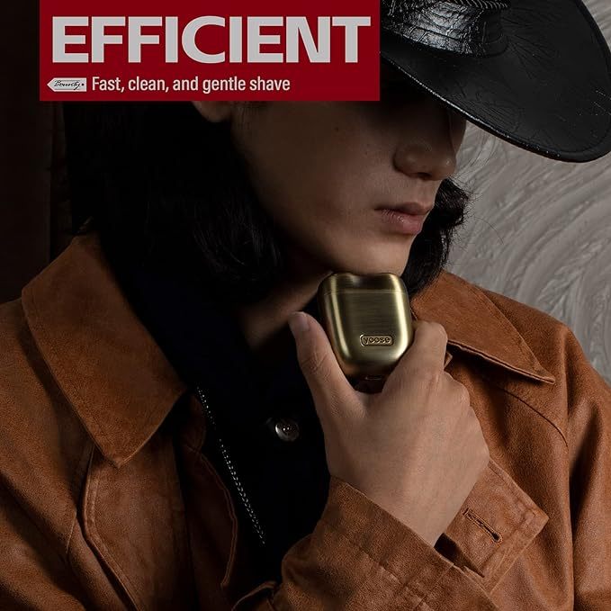 Bounty Hunter Alloy Mini Shaver, Portable Cordless Travel Electric Shaver, Leather Case and Replacement Head Included, USB-C Rechargeable Electric Razor for Men, Waterproof, Dry Shave, Gold