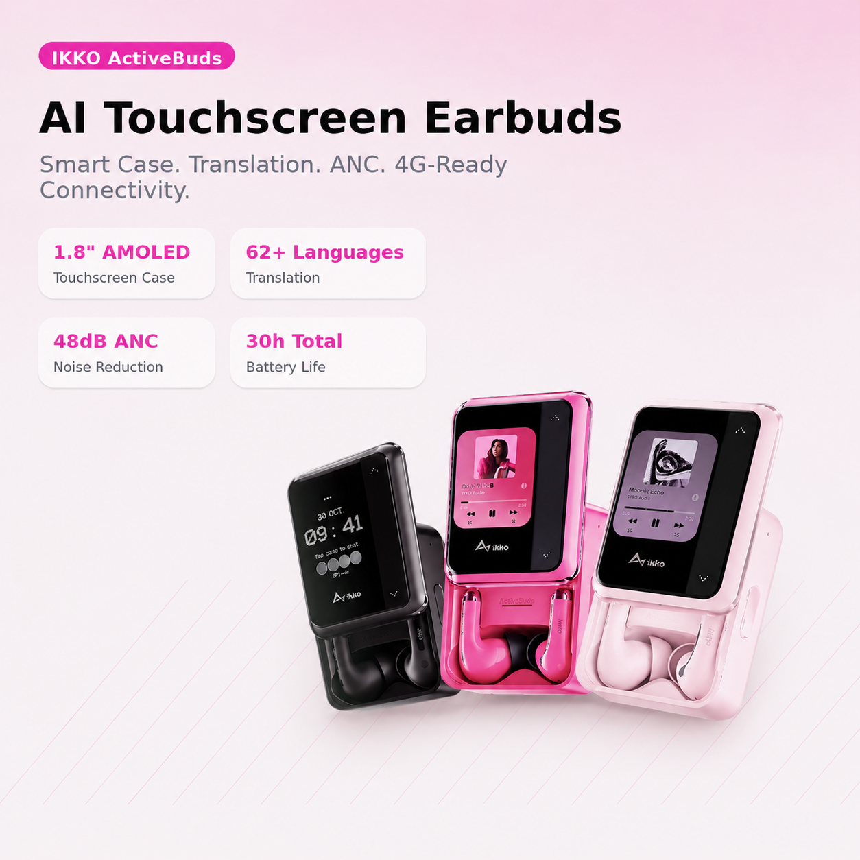IKKO ActiveBuds AB02 AI Translation Earbuds with Smart Touchscreen Case
