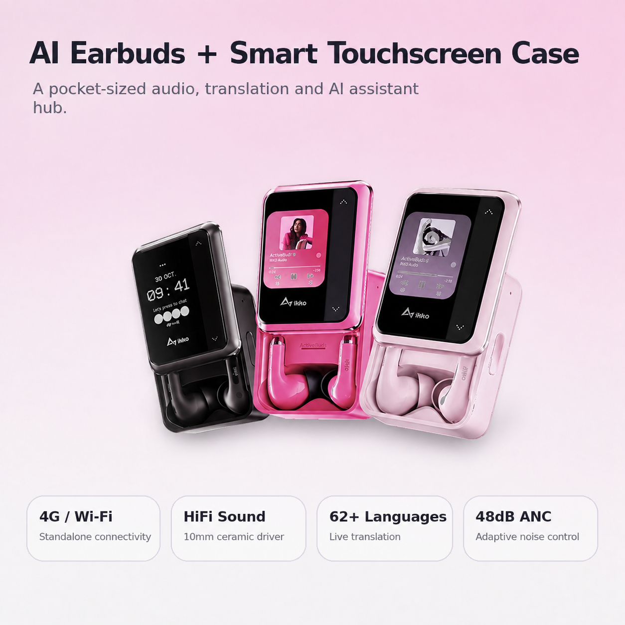 IKKO ActiveBuds AB02 AI Translation Earbuds with Smart Touchscreen Case