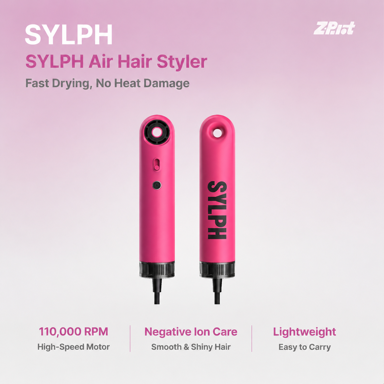 Z·Pilot AND SYLPH co-branded  Mini Travel Hair Dryer: 0.55lb Lightweight, Intelligent Mode No Heat Damage, 110,000 RPM High-Speed Fast Drying, 2 Million Ions, Safe Low Watt, Portable Blow Dryer