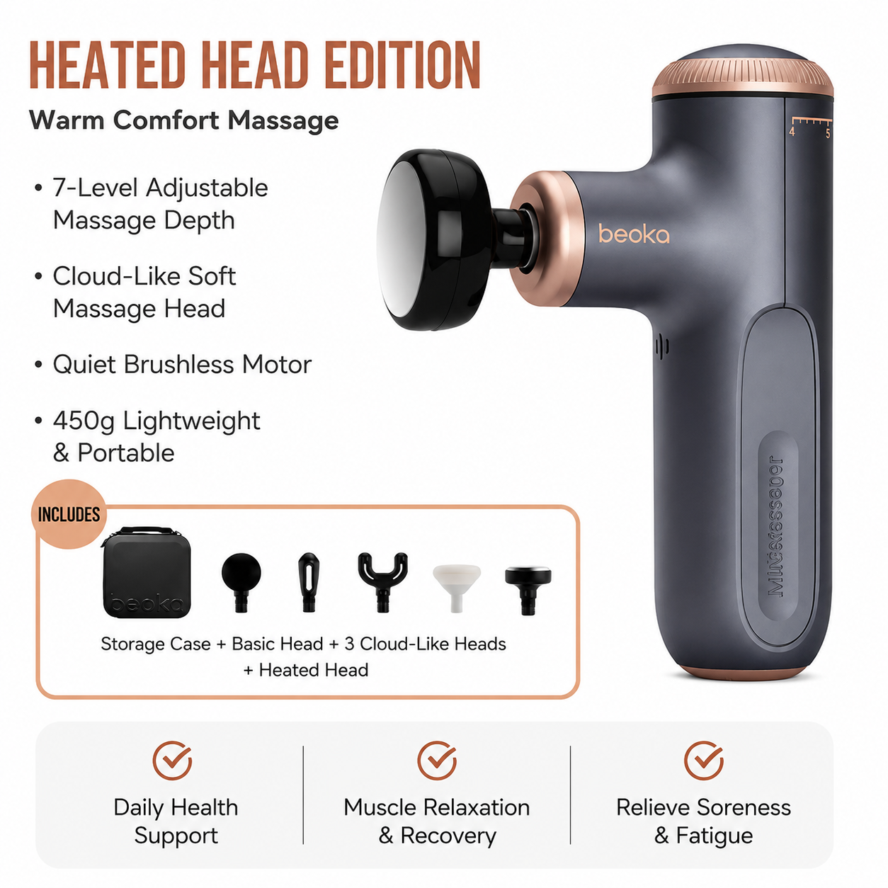 Adjustable-Depth Mini Massage Gun, Portable Deep Tissue Massager with 7-Level Stroke, 5 Speeds, USB-C Charging & App-Guided Sessions