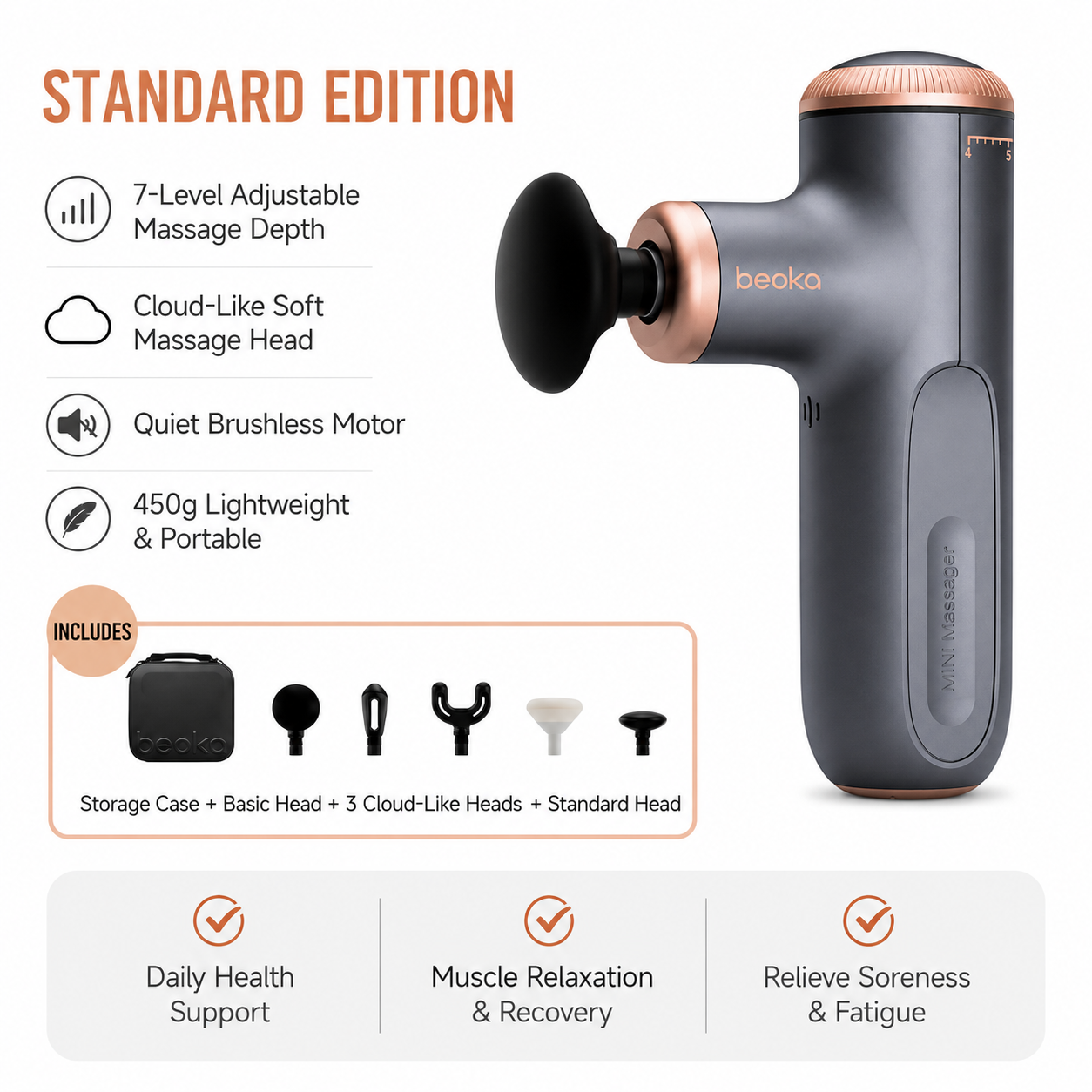 Adjustable-Depth Mini Massage Gun, Portable Deep Tissue Massager with 7-Level Stroke, 5 Speeds, USB-C Charging & App-Guided Sessions