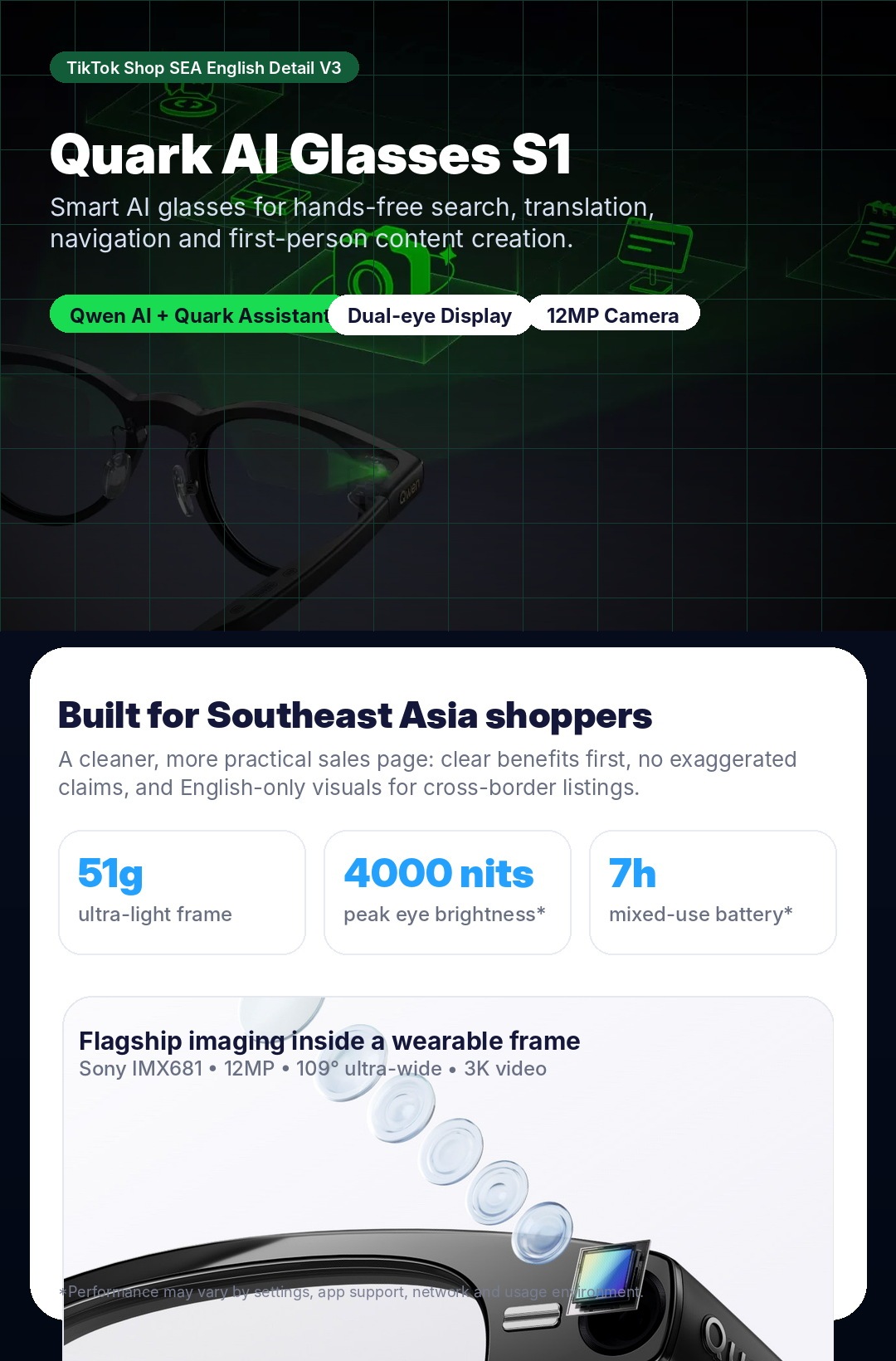 Quark AI Glasses S1 | Smart Display Glasses with AI Translation & POV Camera