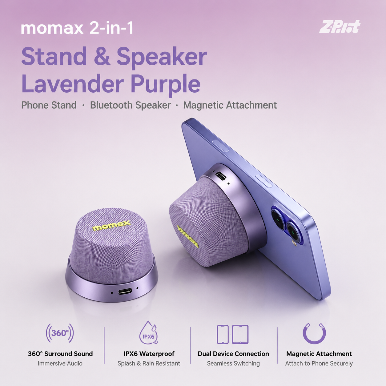 MOMAX BS6 Magnetic Bluetooth Speaker | MagSafe-Compatible Mini Speaker & Phone Stand