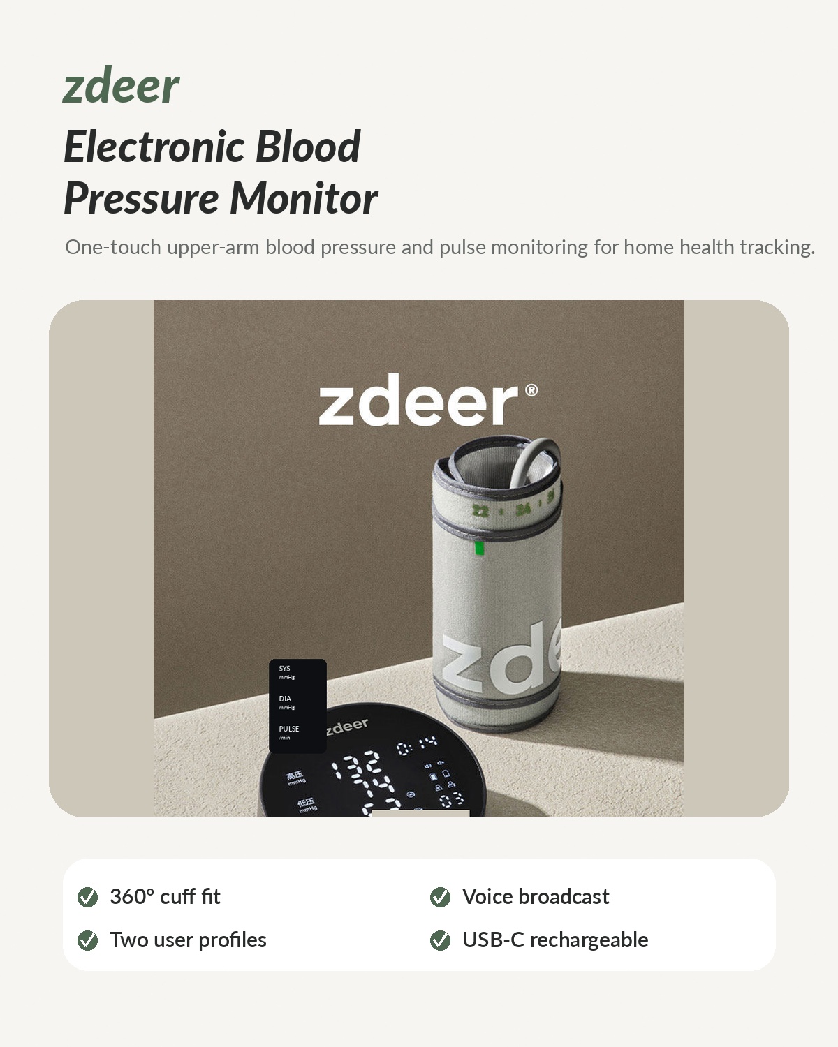 Automatic Upper Arm Blood Pressure Monitor with Voice Broadcast & Rechargeable Battery
