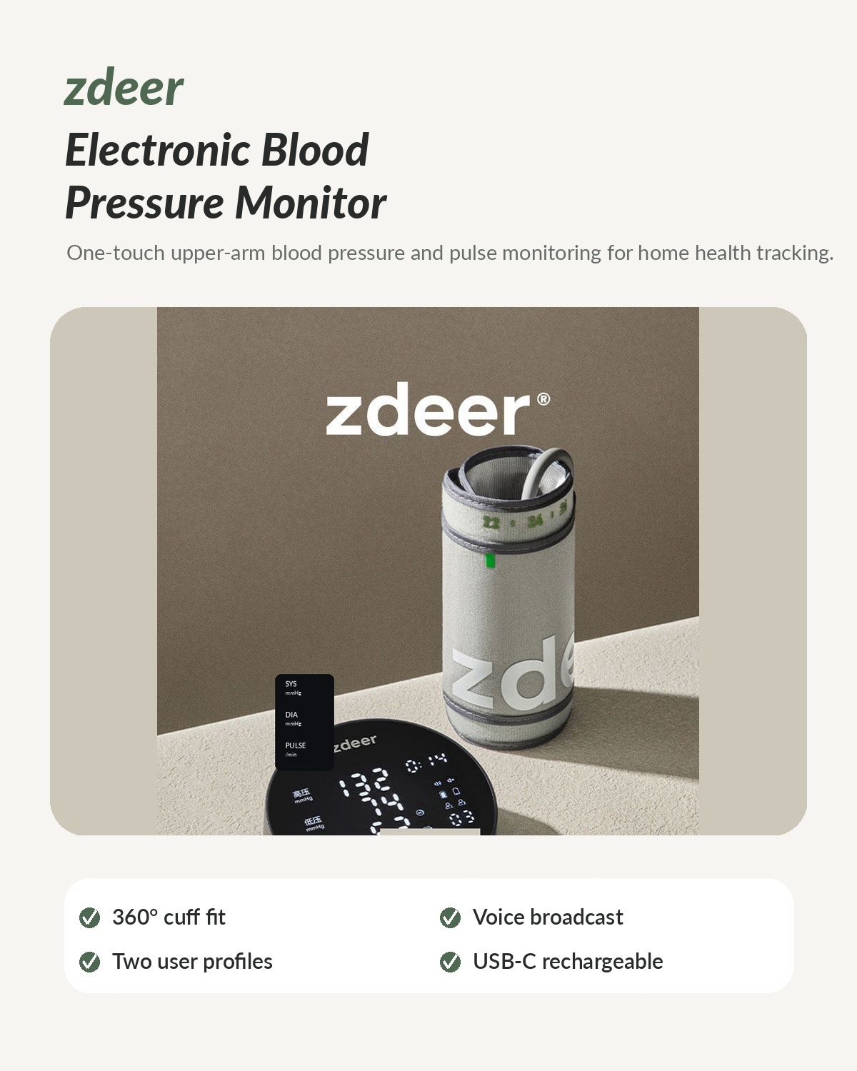 Automatic Upper Arm Blood Pressure Monitor with Voice Broadcast & Rechargeable Battery