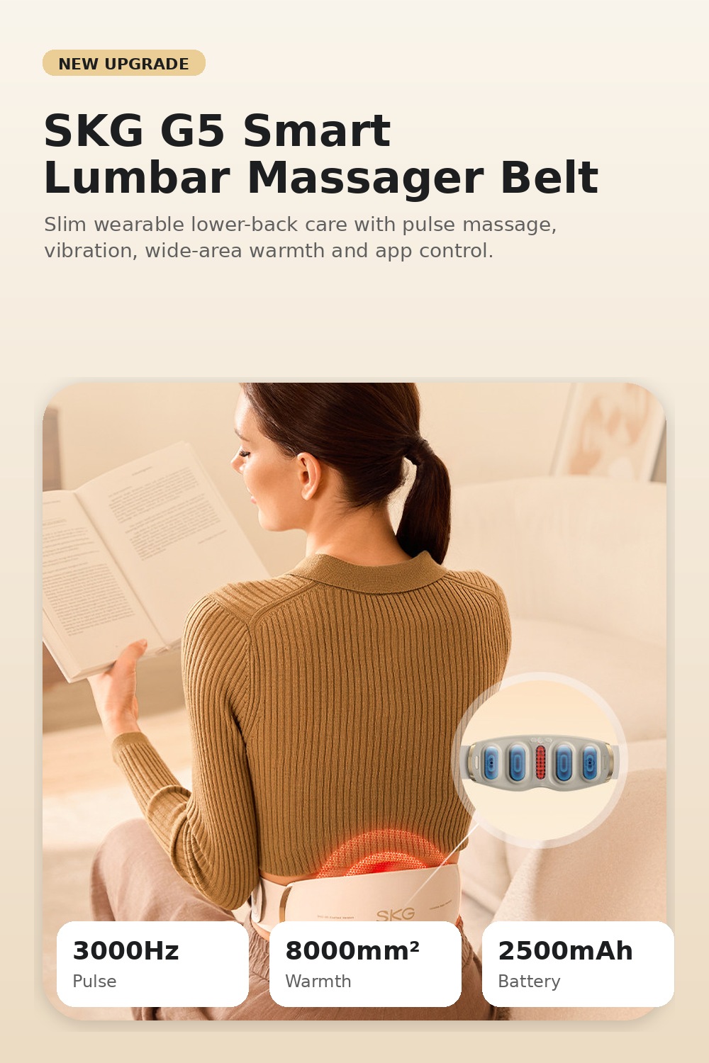 SKG G5 Smart Lumbar Massager Belt with Heat, Red Light & EMS Pulse Massage