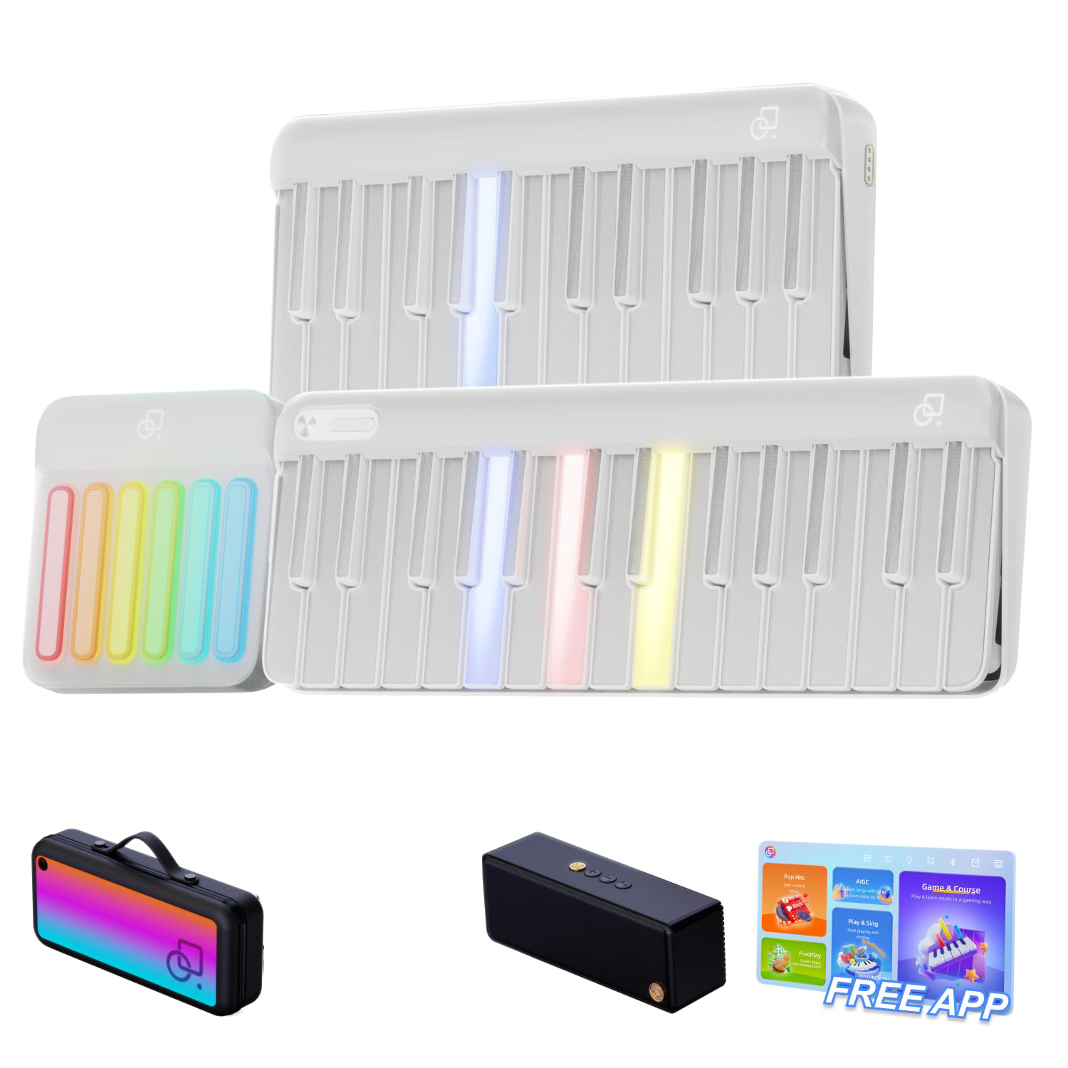 Portable Smart Piano Keyboard with Rainbow Light Keys, Interactive Lessons, MIDI, Expandable Keys, 100+ Chords, 256+ Tones