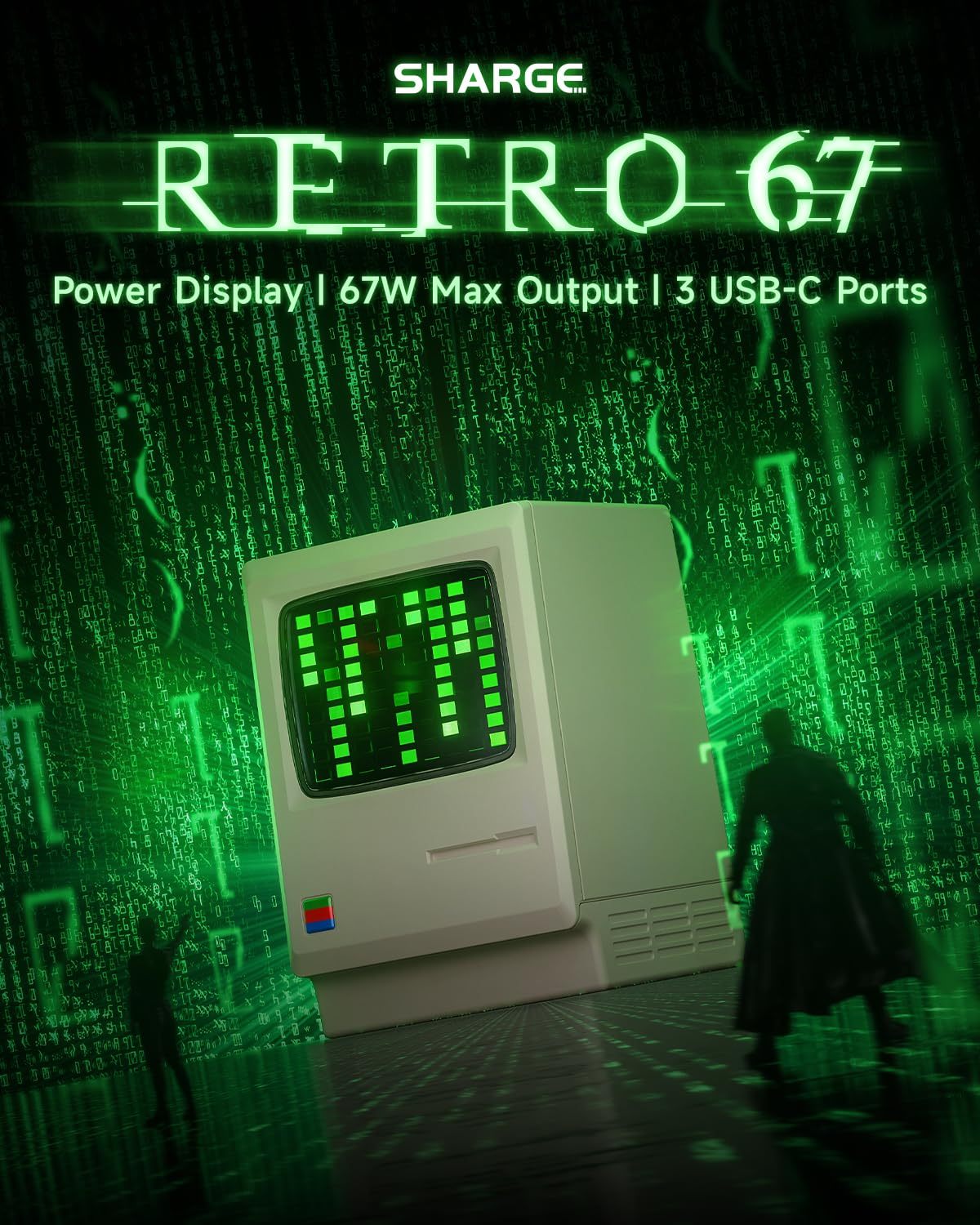 SHARGE USB C Charger, Retro 67 Power Display 3-Port Fast GaN Charger with Digital Rain