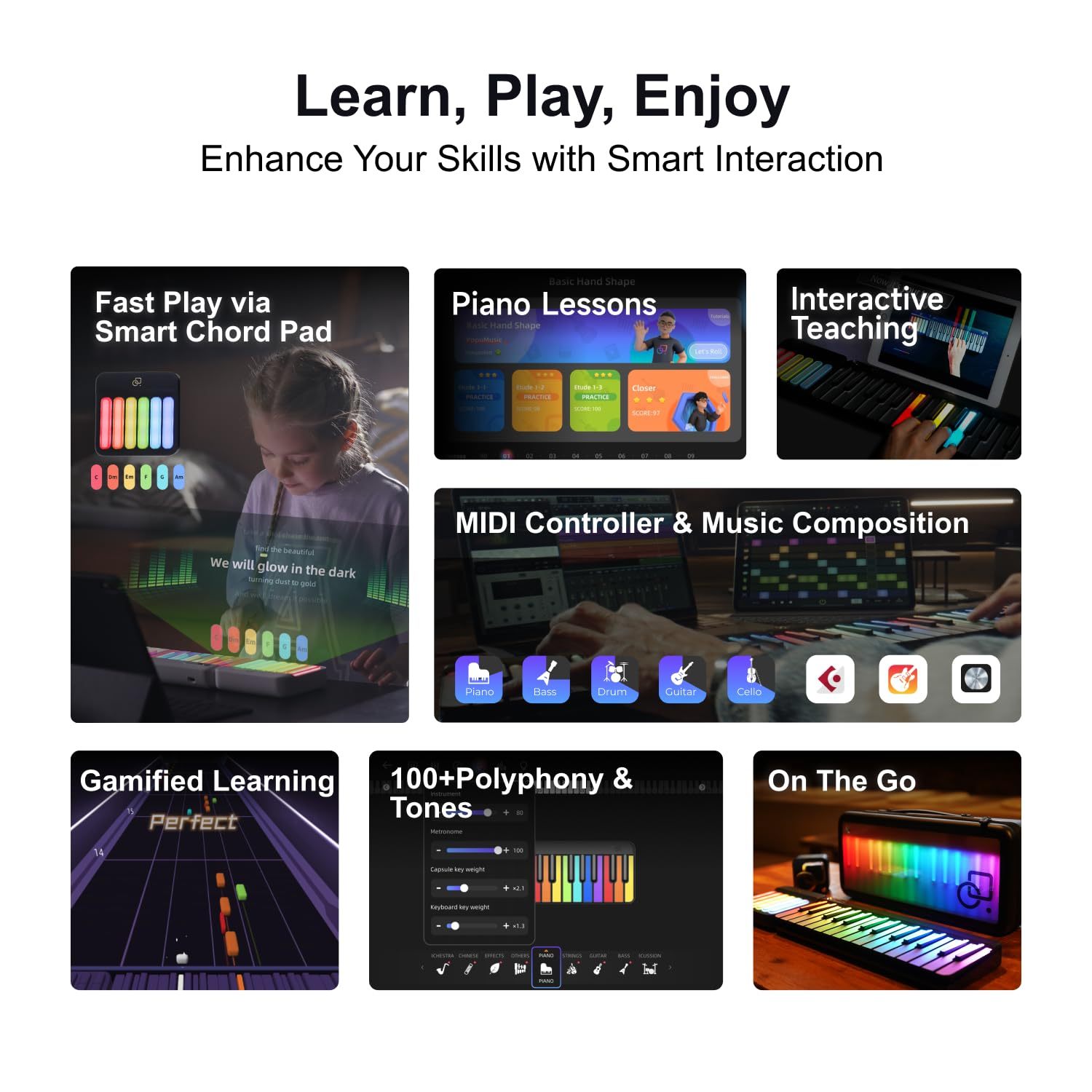 Portable Smart Piano Keyboard with Rainbow Light Keys, Interactive Lessons, MIDI, Expandable Keys, 100+ Chords, 256+ Tones