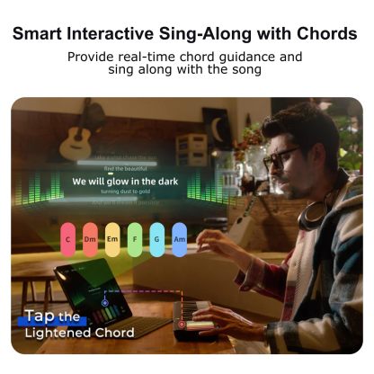 Portable Smart Piano Keyboard with Rainbow Light Keys, Interactive Lessons, MIDI, Expandable Keys, 100+ Chords, 256+ Tones