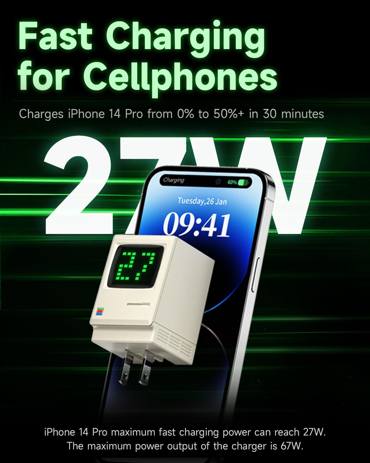 SHARGE USB C Charger, Retro 67 Power Display 3-Port Fast GaN Charger with Digital Rain