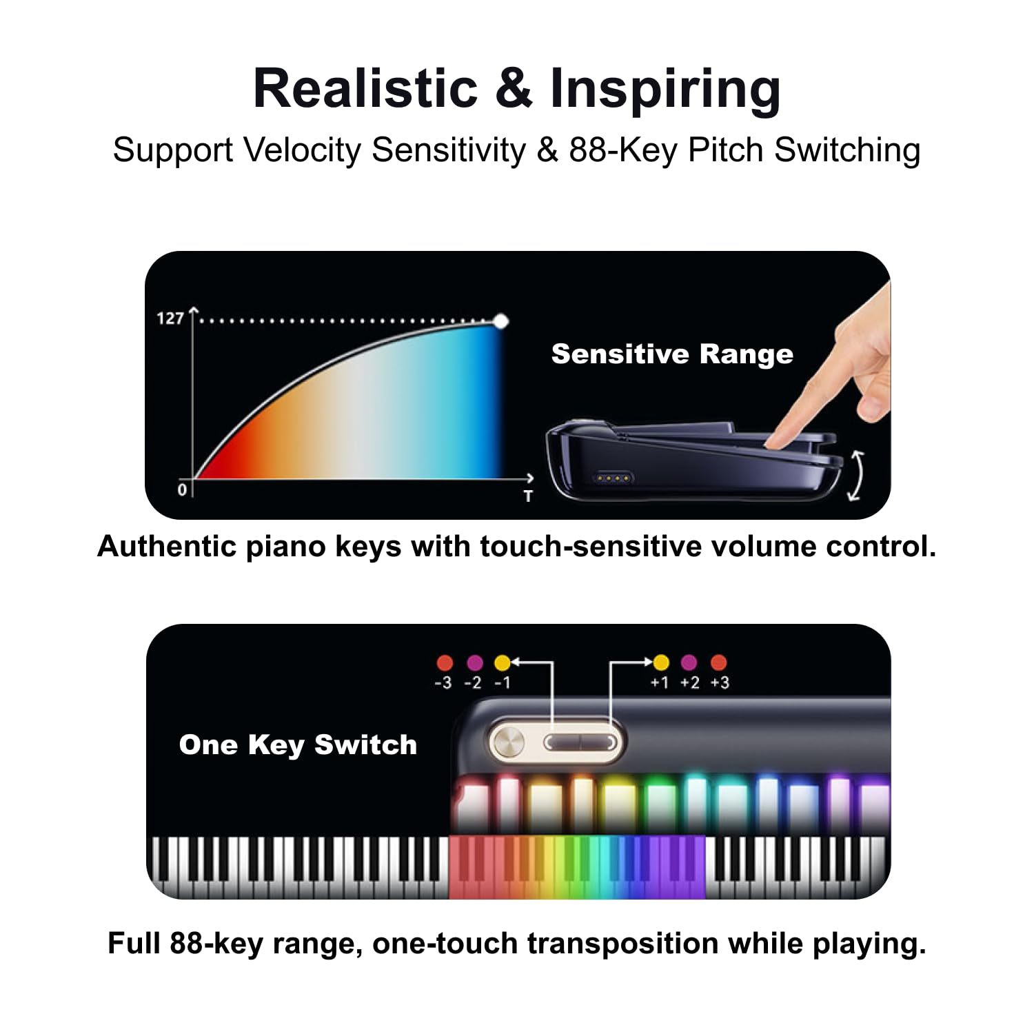 Portable Smart Piano Keyboard with Rainbow Light Keys, Interactive Lessons, MIDI, Expandable Keys, 100+ Chords, 256+ Tones
