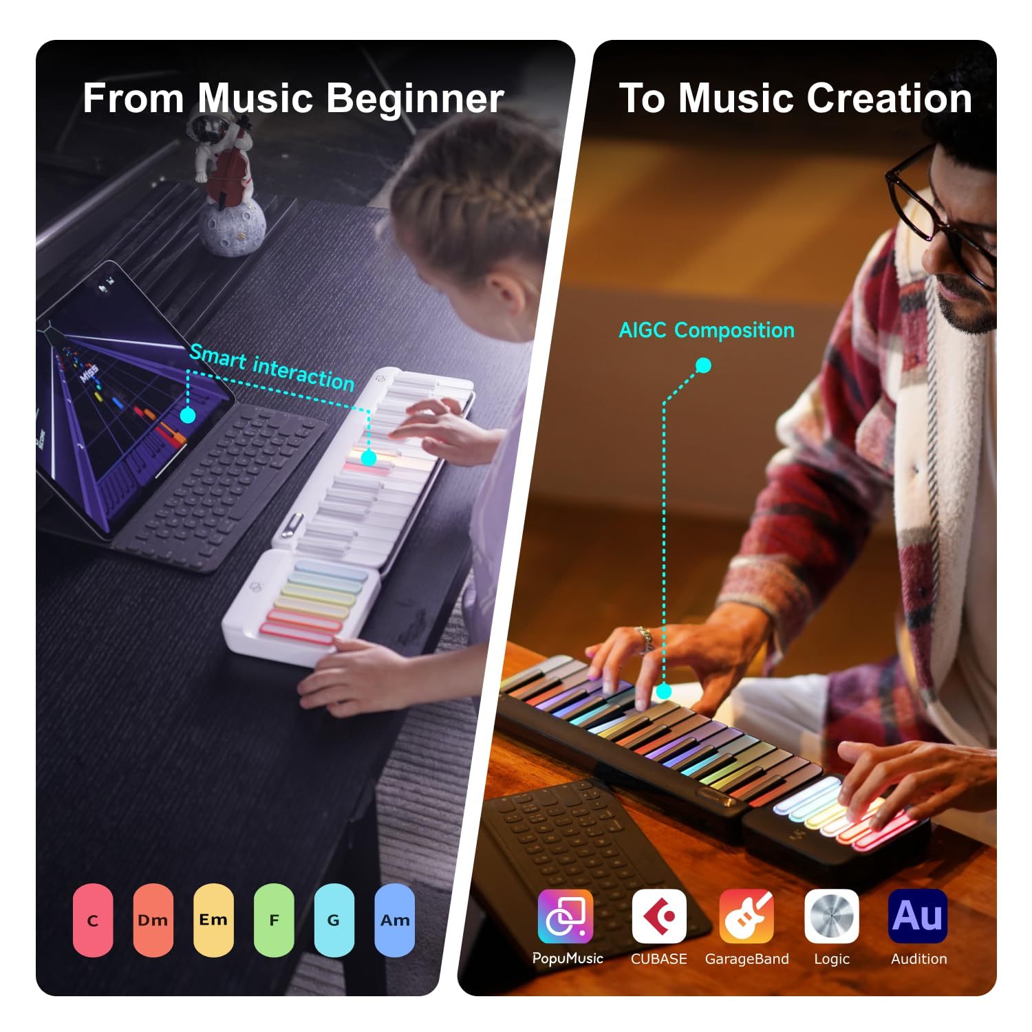 Portable Smart Piano Keyboard with Rainbow Light Keys, Interactive Lessons, MIDI, Expandable Keys, 100+ Chords, 256+ Tones