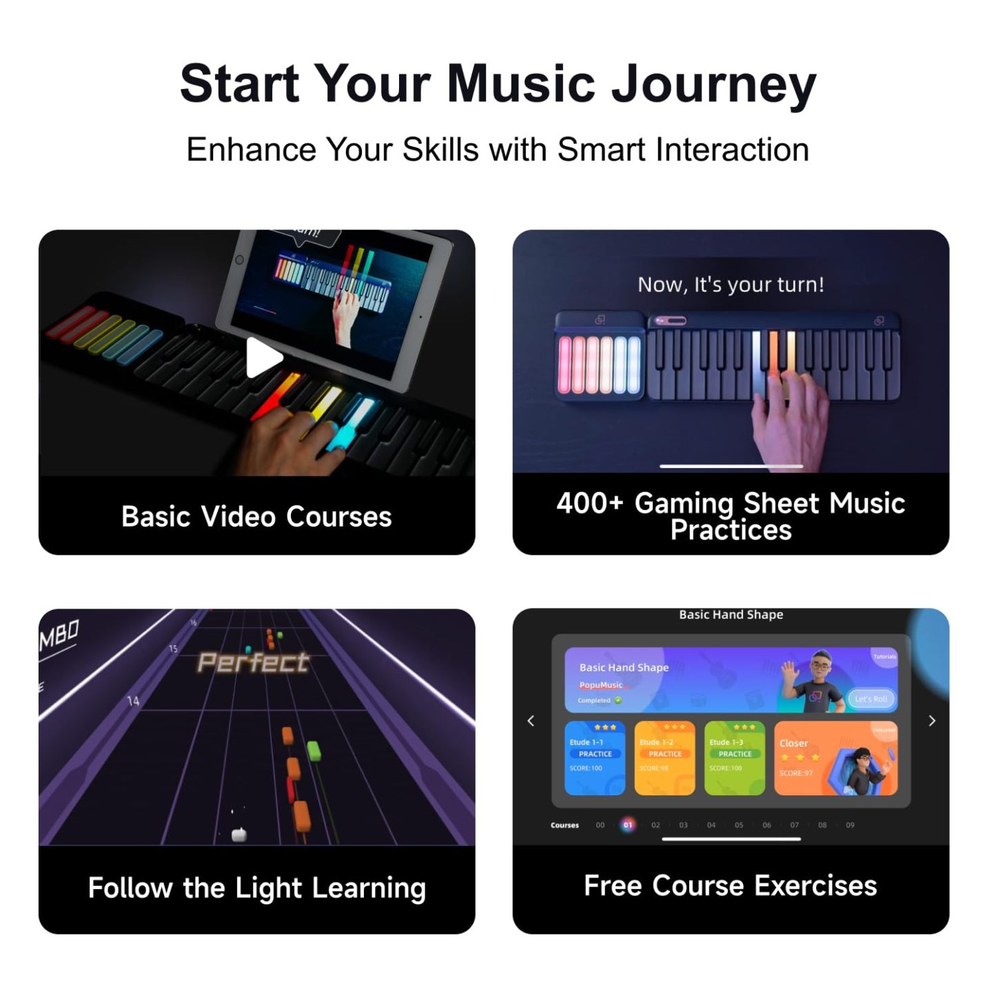 Portable Smart Piano Keyboard with Rainbow Light Keys, Interactive Lessons, MIDI, Expandable Keys, 100+ Chords, 256+ Tones