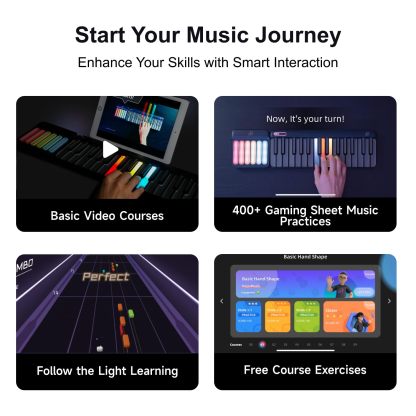 Portable Smart Piano Keyboard with Rainbow Light Keys, Interactive Lessons, MIDI, Expandable Keys, 100+ Chords, 256+ Tones